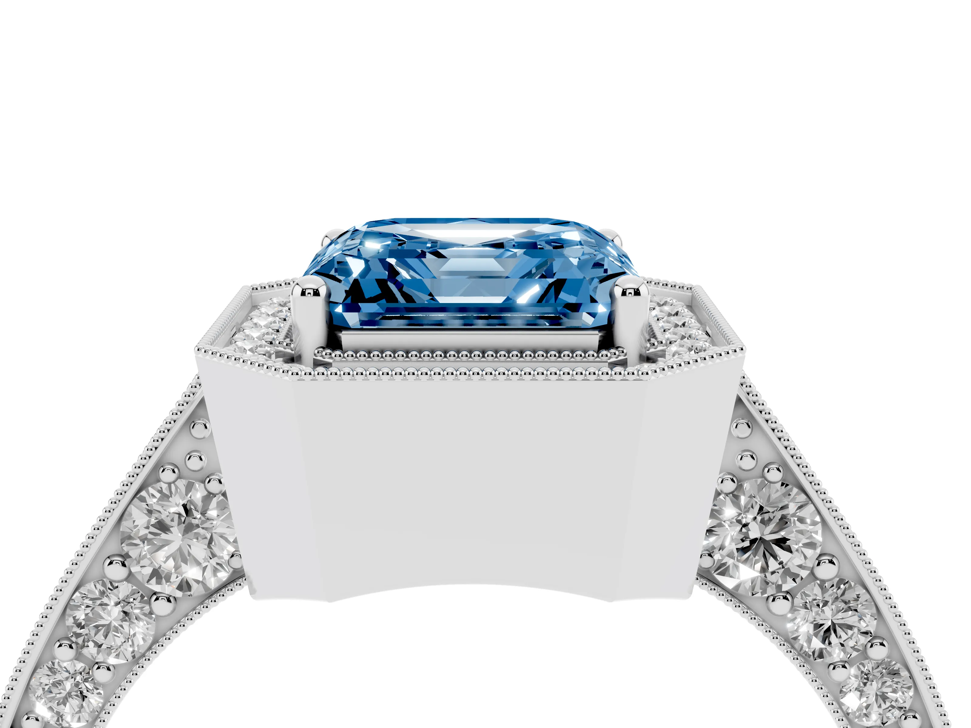 Fancy Blue Asscher Cut Diamond Halo Engagement Ring Set in Platinum with Accent Split Shank Band