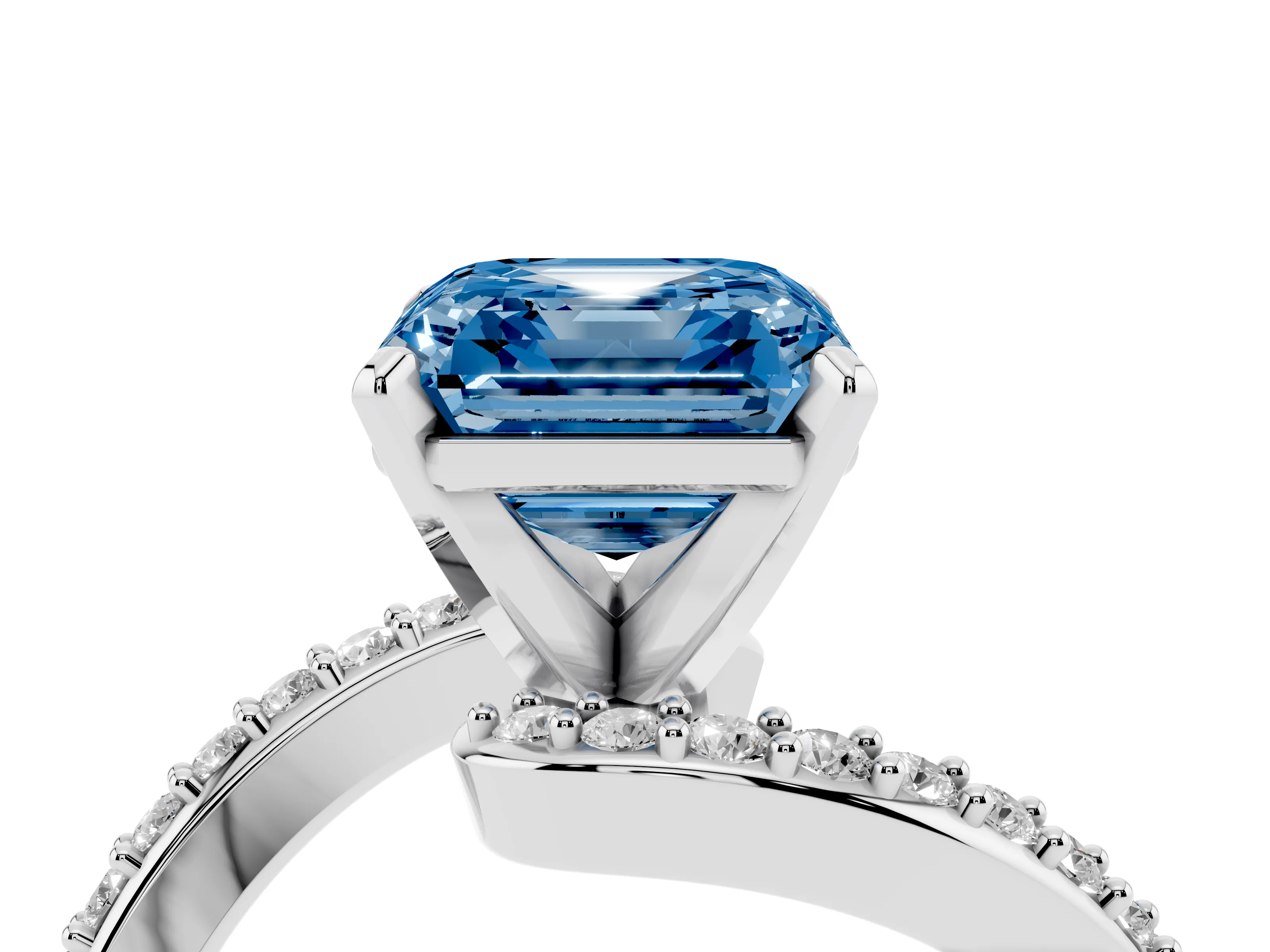 Fancy Blue Asscher Cut Diamond Solitaire Ring Set in White gold with Pavé Twist Band and Prong Setting