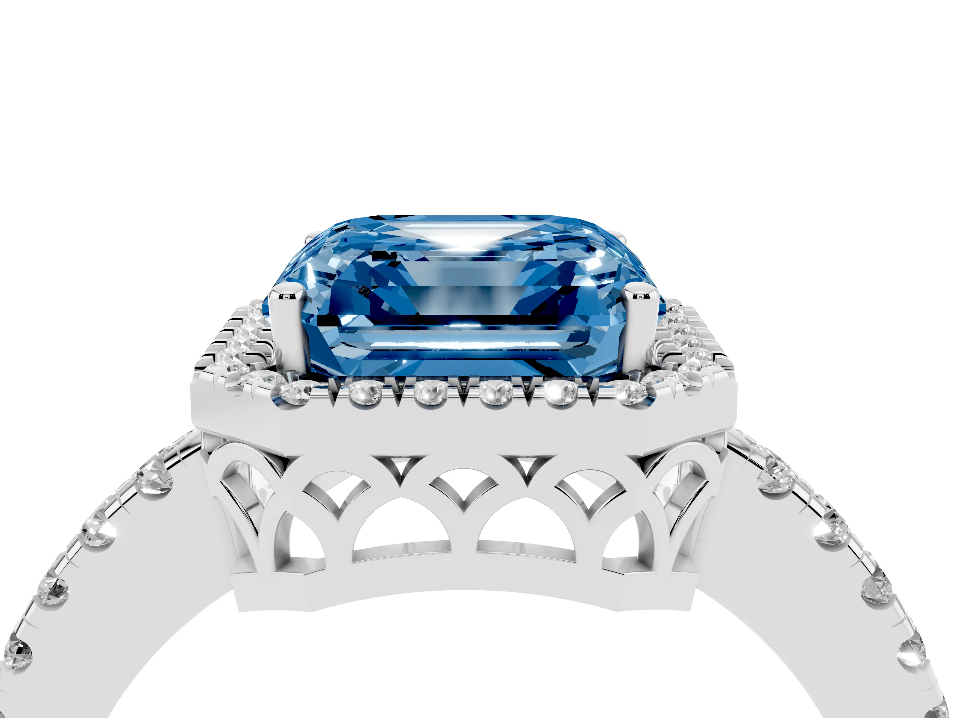 Fancy Blue Asscher Cut Diamond Pavé Band Halo Engagement Ring Set in White gold with Prong Setting