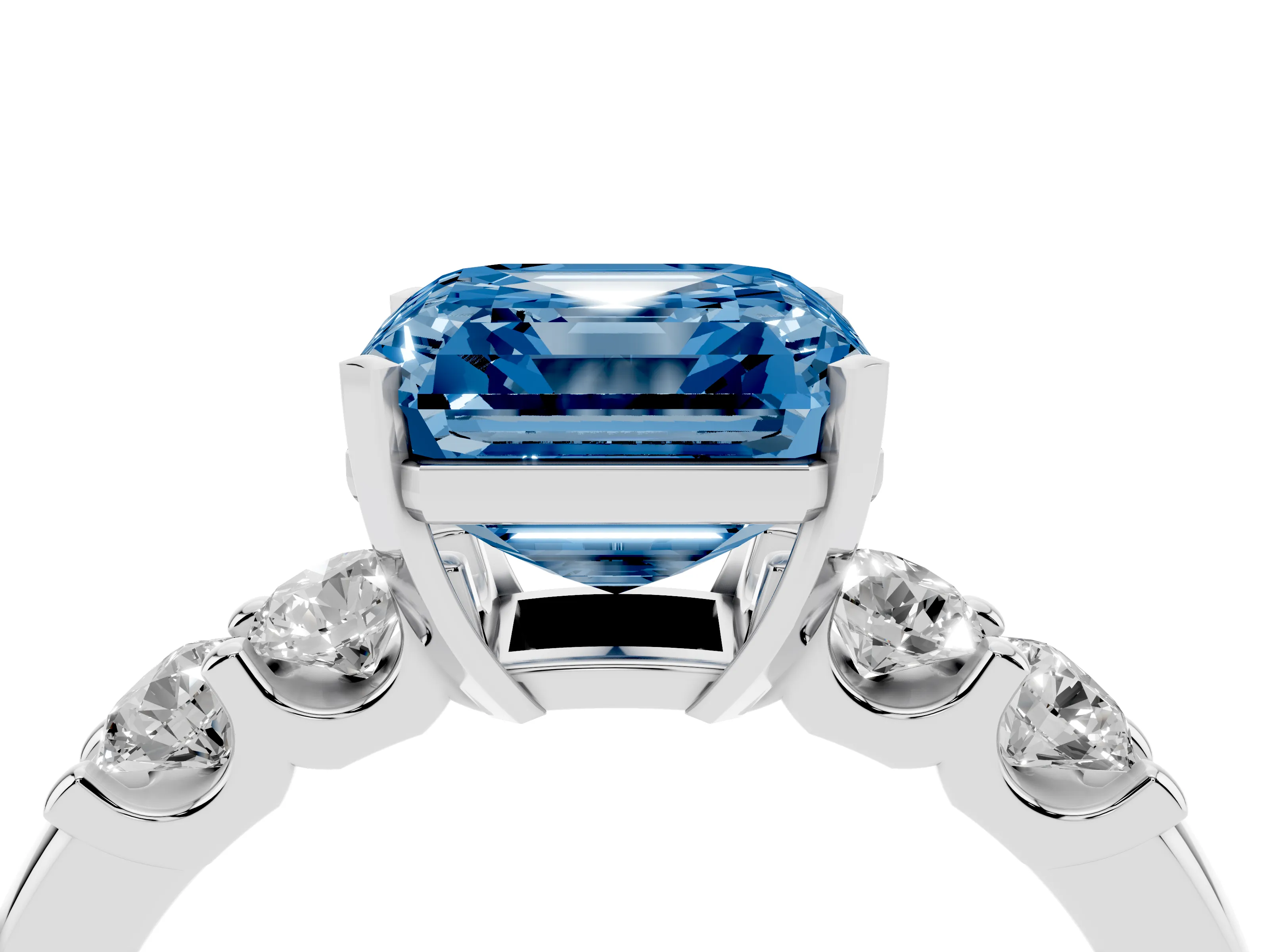 Fancy Blue Asscher Cut Diamond Five-Stone Prong Set Engagement Ring Set in Silver with Channel Band