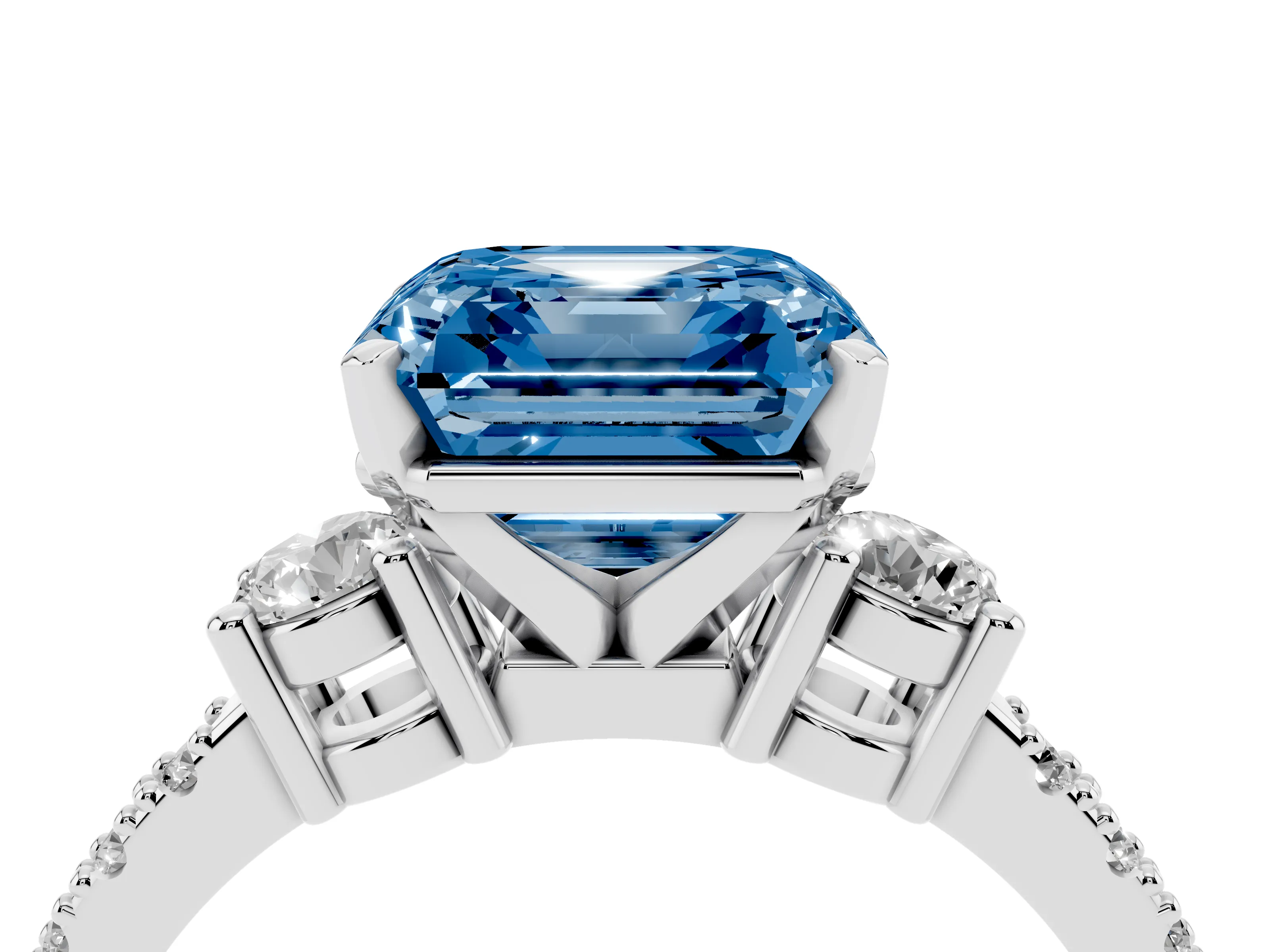 Fancy Blue Three-Stone Asscher Cut Diamond Pavé Band Ring Set in Silver with Prong Setting