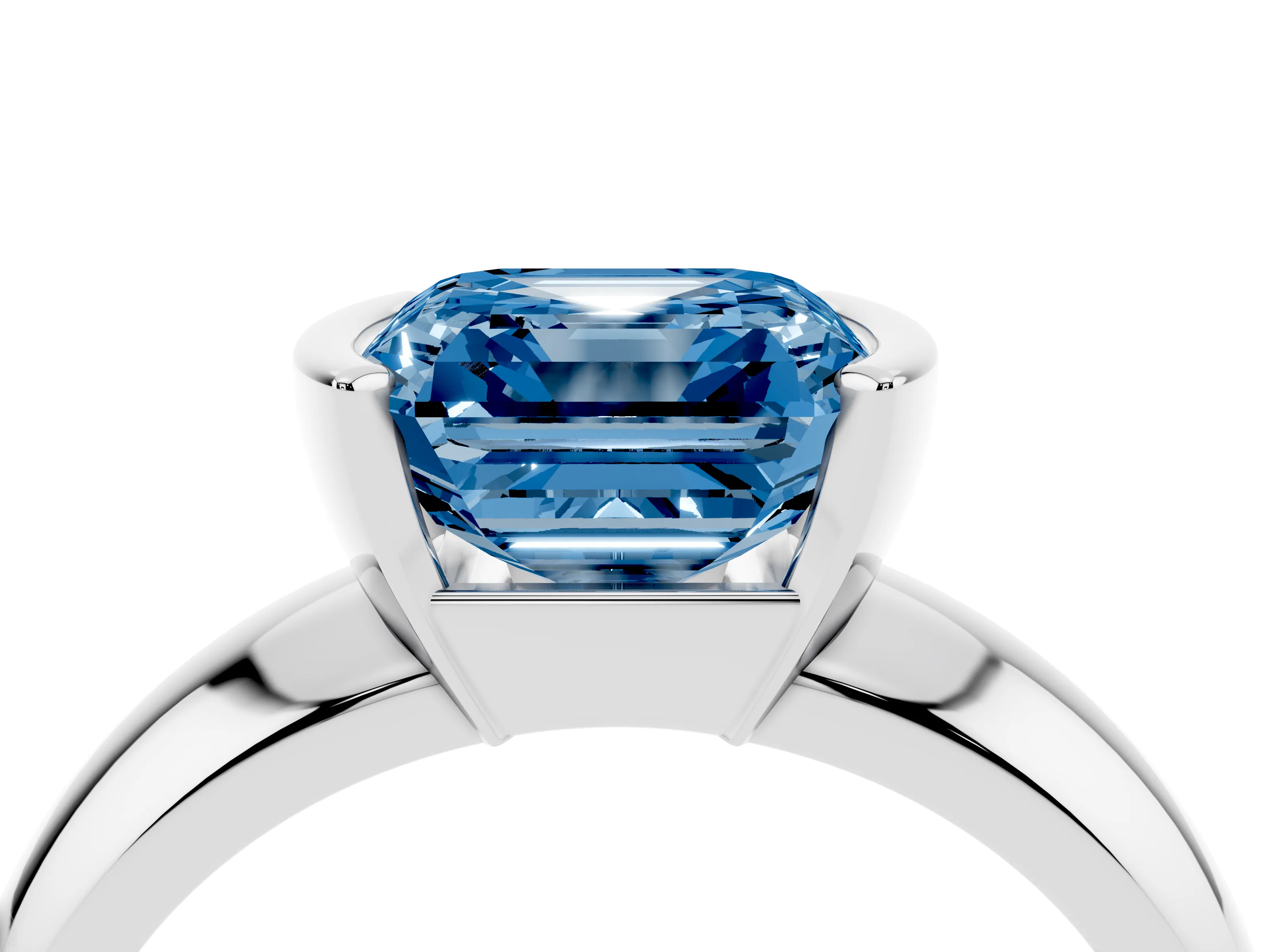 Fancy Blue Asscher Cut Diamond Solitaire Tension Set Ring Set in Platinum with Wide Band