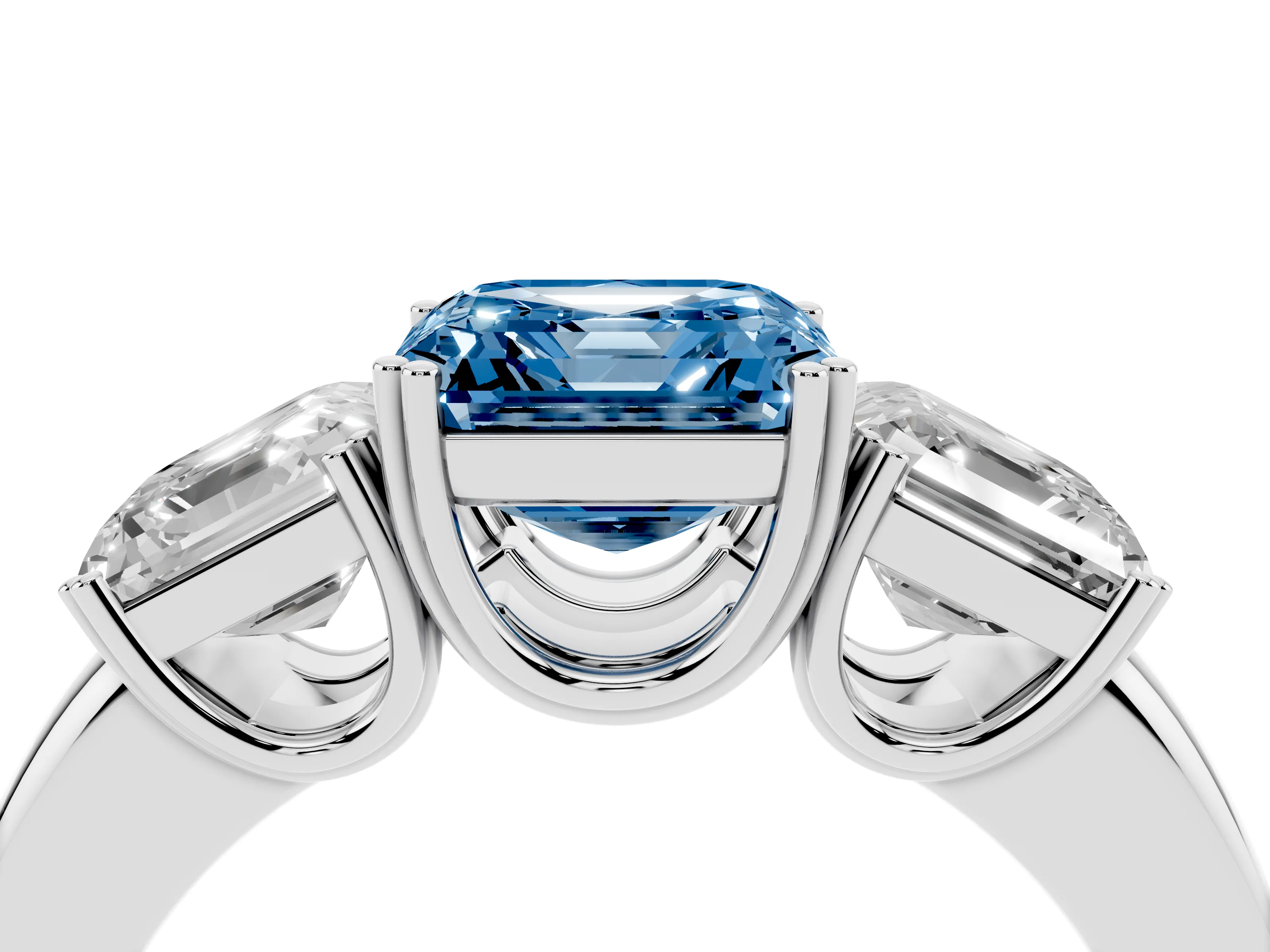 Fancy Blue Asscher Cut Diamond Three-Stone Ring Set in Silver with Polished Band and Prong Setting
