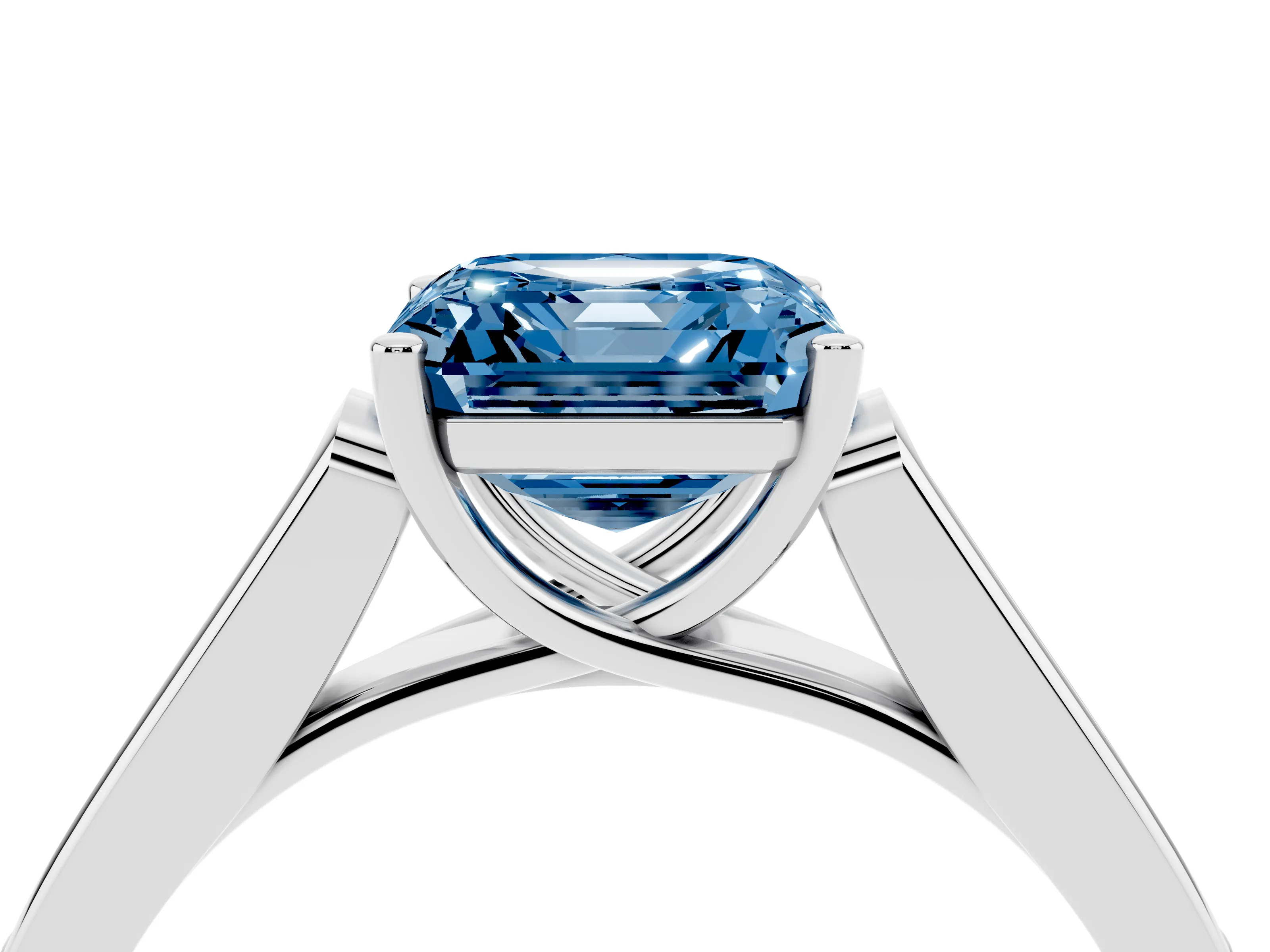 Fancy Blue Asscher Cut Diamond Solitaire Cathedral Engagement Ring Set in White gold with Channel-Set Band and Prong Setting
