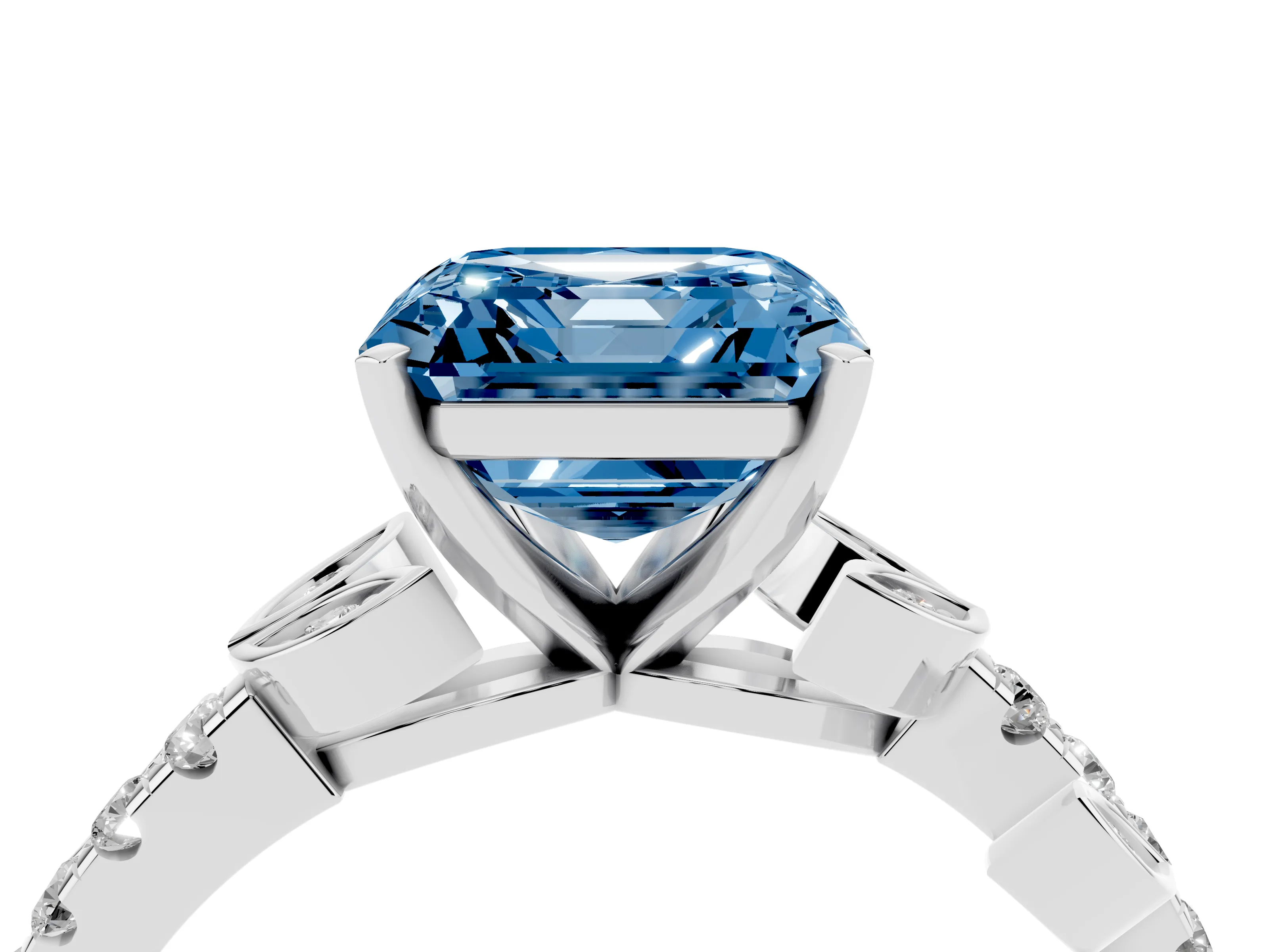 Fancy Blue Asscher Cut Diamond Solitaire Leaf-Inspired Ring Set in White gold with Pavé Band and Prong Setting