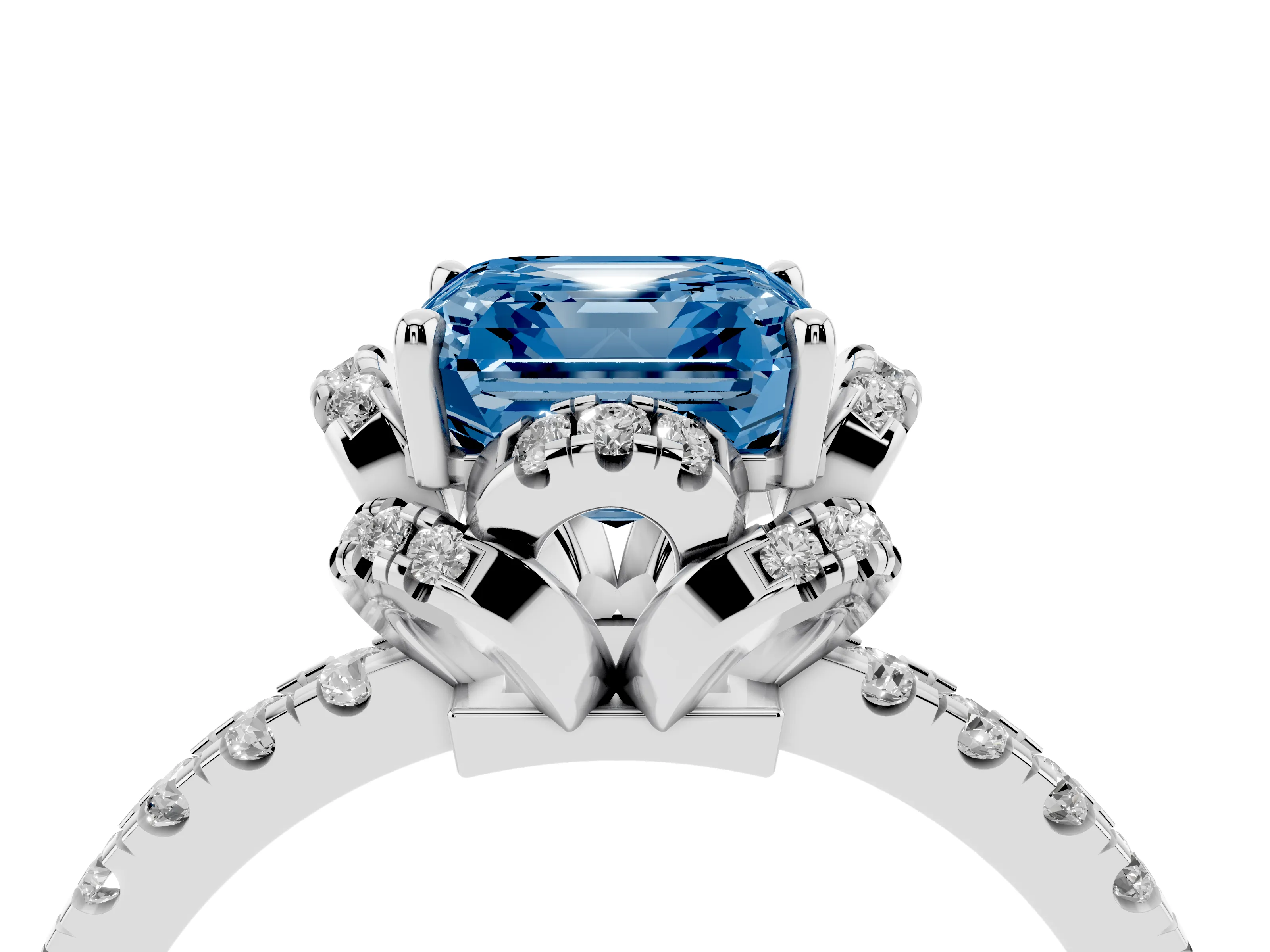 Fancy Blue Asscher Cut Diamond Halo Pavé Ring Set in White gold with Prong-Held Center Stone