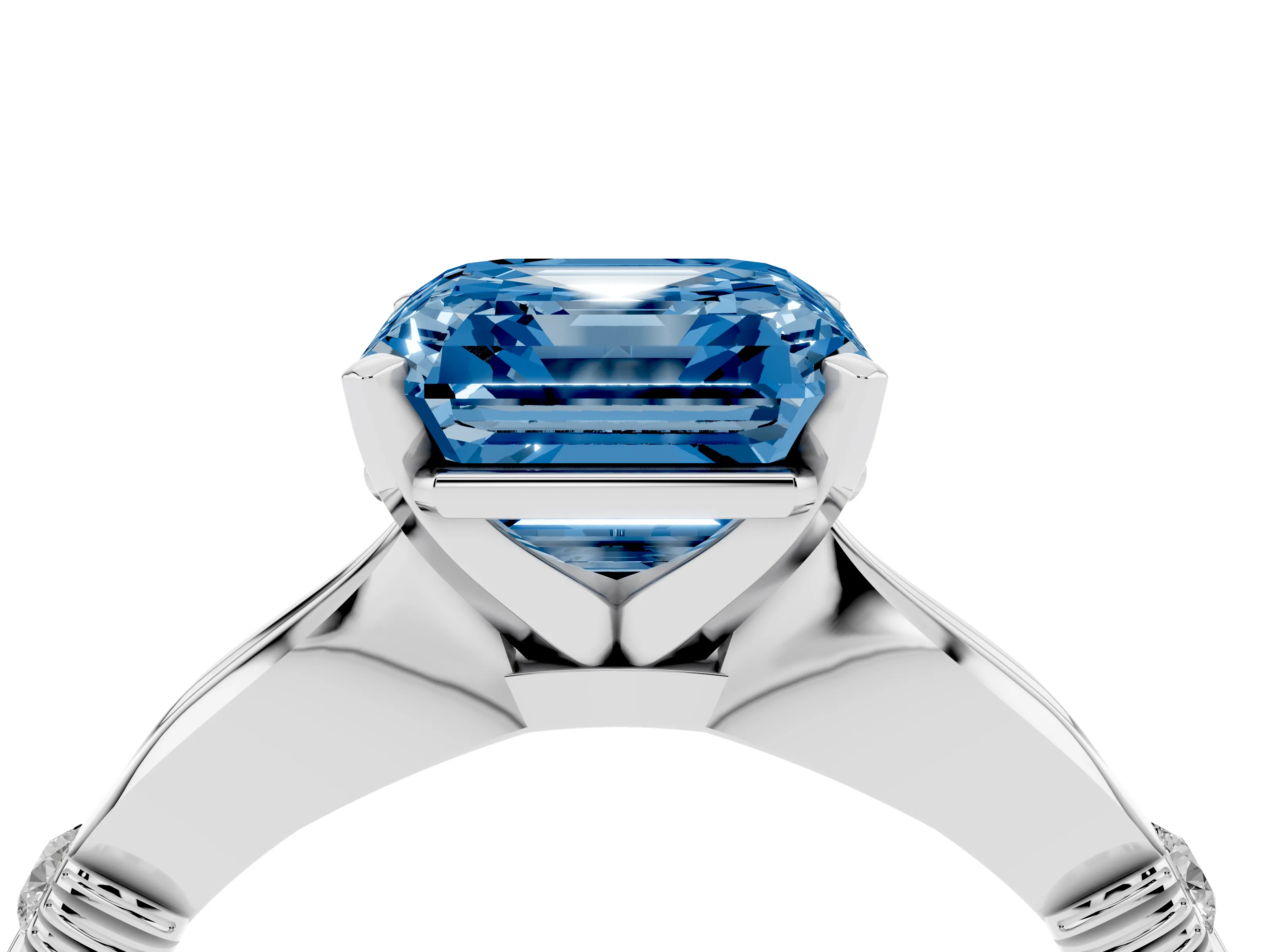 Fancy Blue Asscher Cut Diamond Solitaire Twisted Band Ring Set in Platinum with Accent Stones and Prong Setting