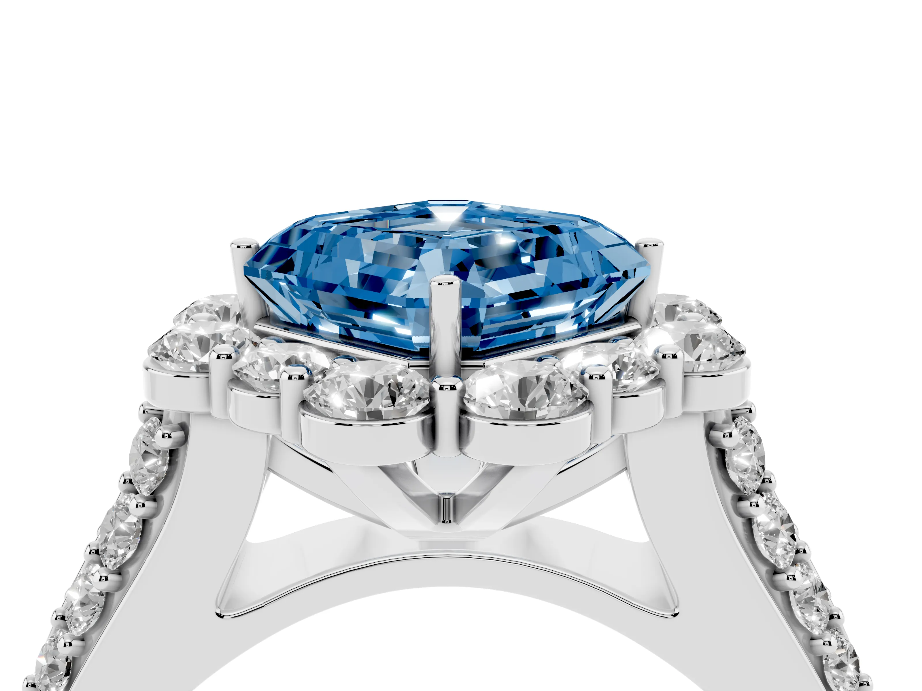 Fancy Blue Asscher Cut Diamond Halo Engagement Ring Set in Silver with Split Shank and Prong Setting