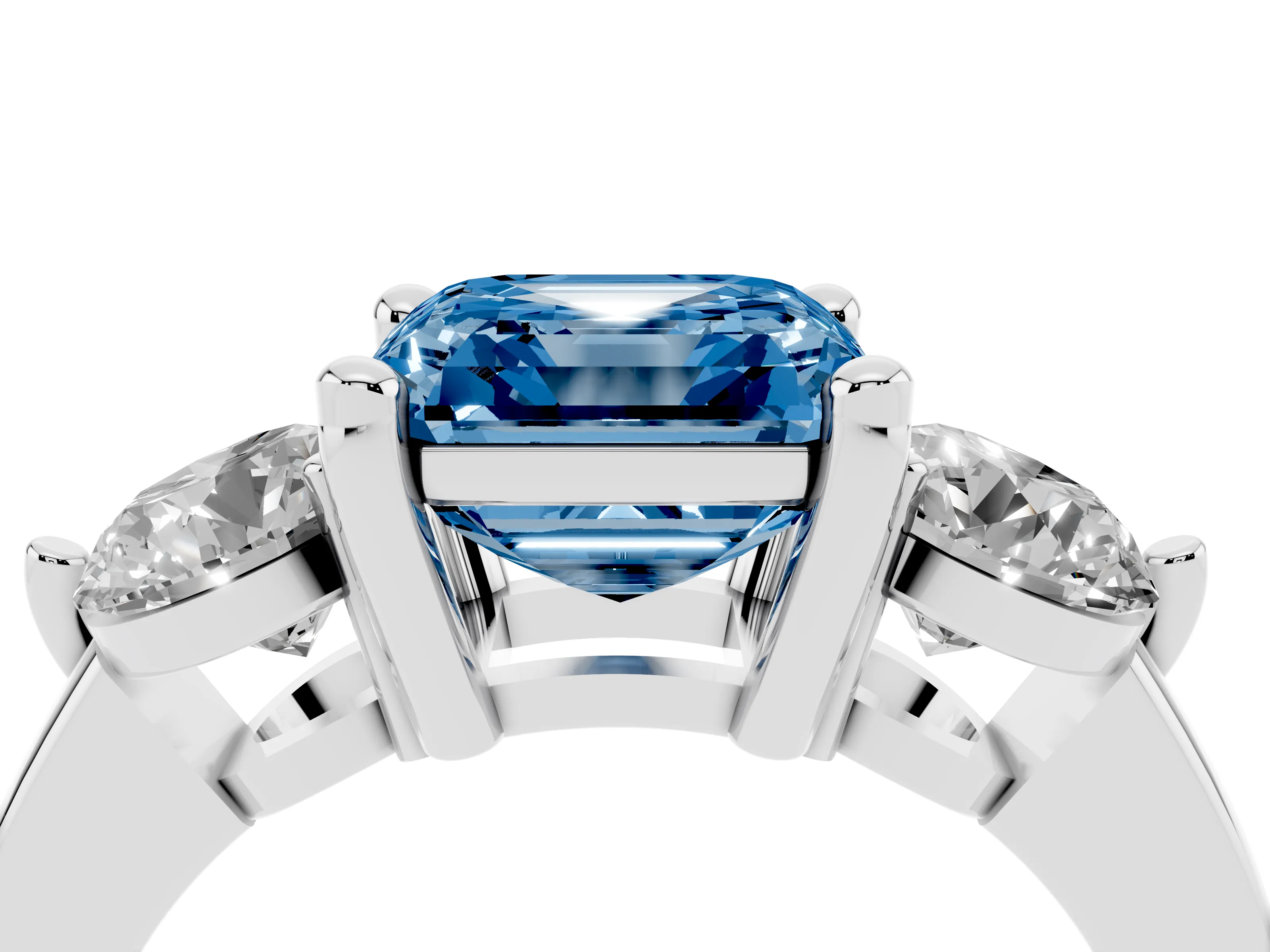 Fancy Blue Asscher Cut Diamond Three-Stone Ring Set in Silver with Prong Setting and Classic Band