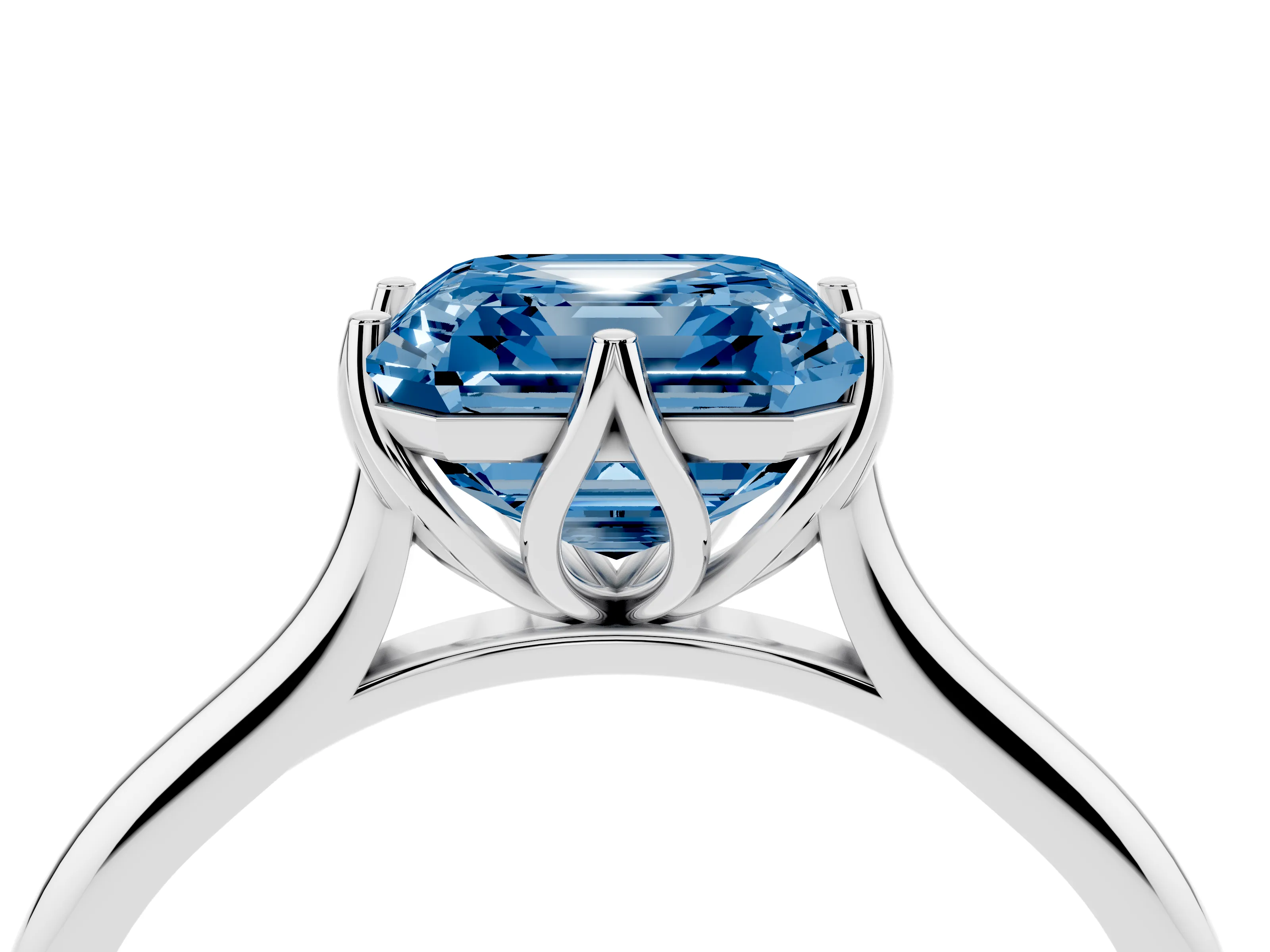 Fancy Blue Asscher Cut Diamond Solitaire Cathedral Ring Set in Platinum with Prong Setting
