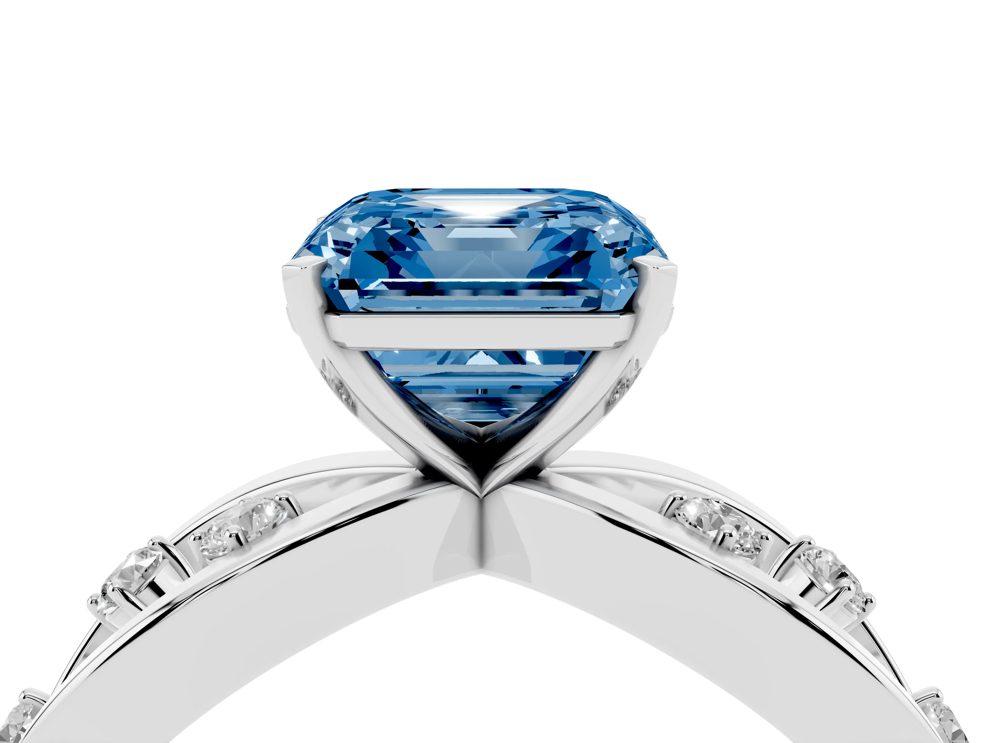 Fancy Blue Asscher Cut Diamond Solitaire Ring Set in White gold with Side Stones on Criss-Cross Band and Prong Setting