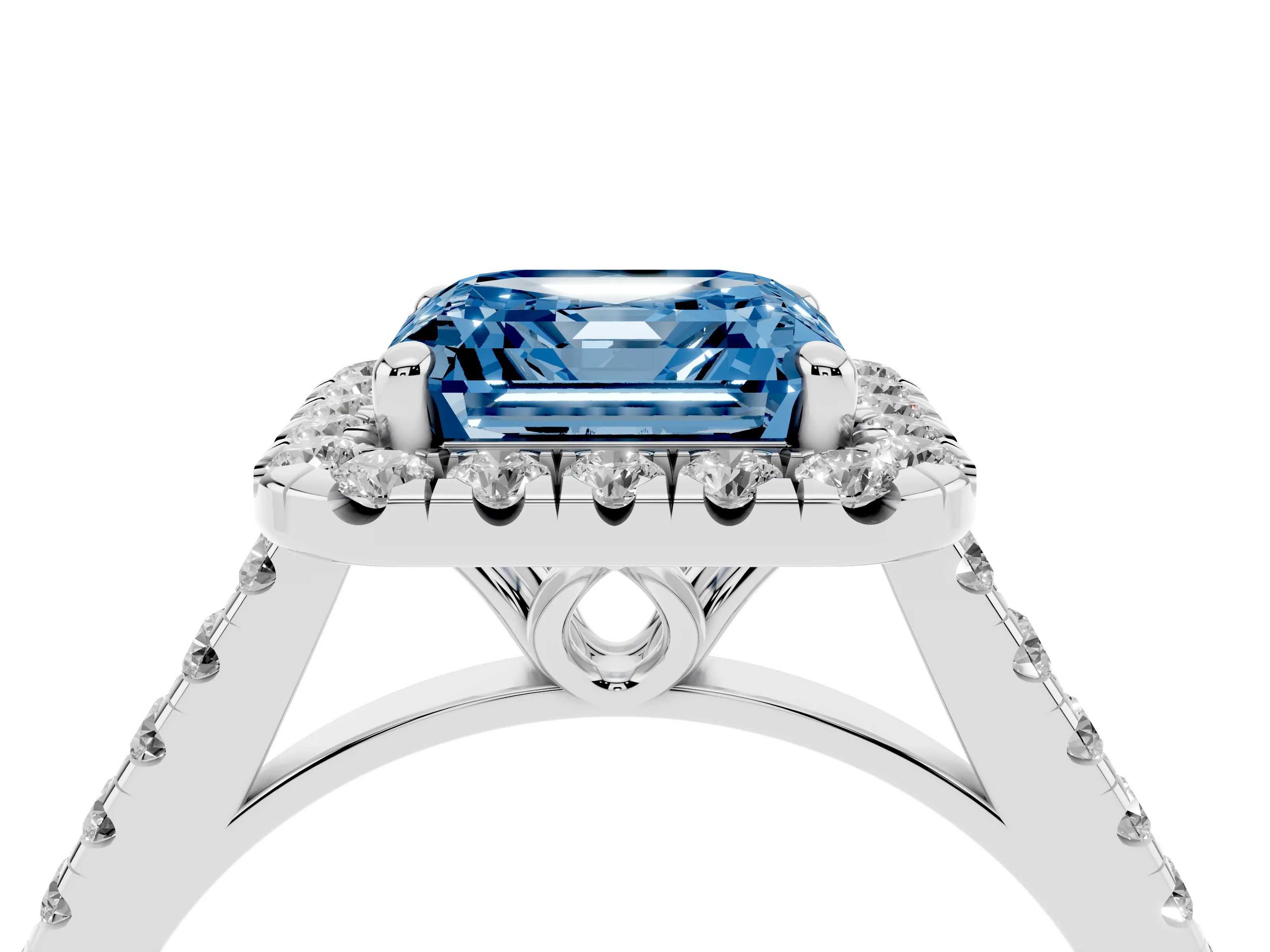 Fancy Blue Asscher Cut Diamond Pavé Halo Engagement Ring Set in White gold with Pavé Band and Prong Setting