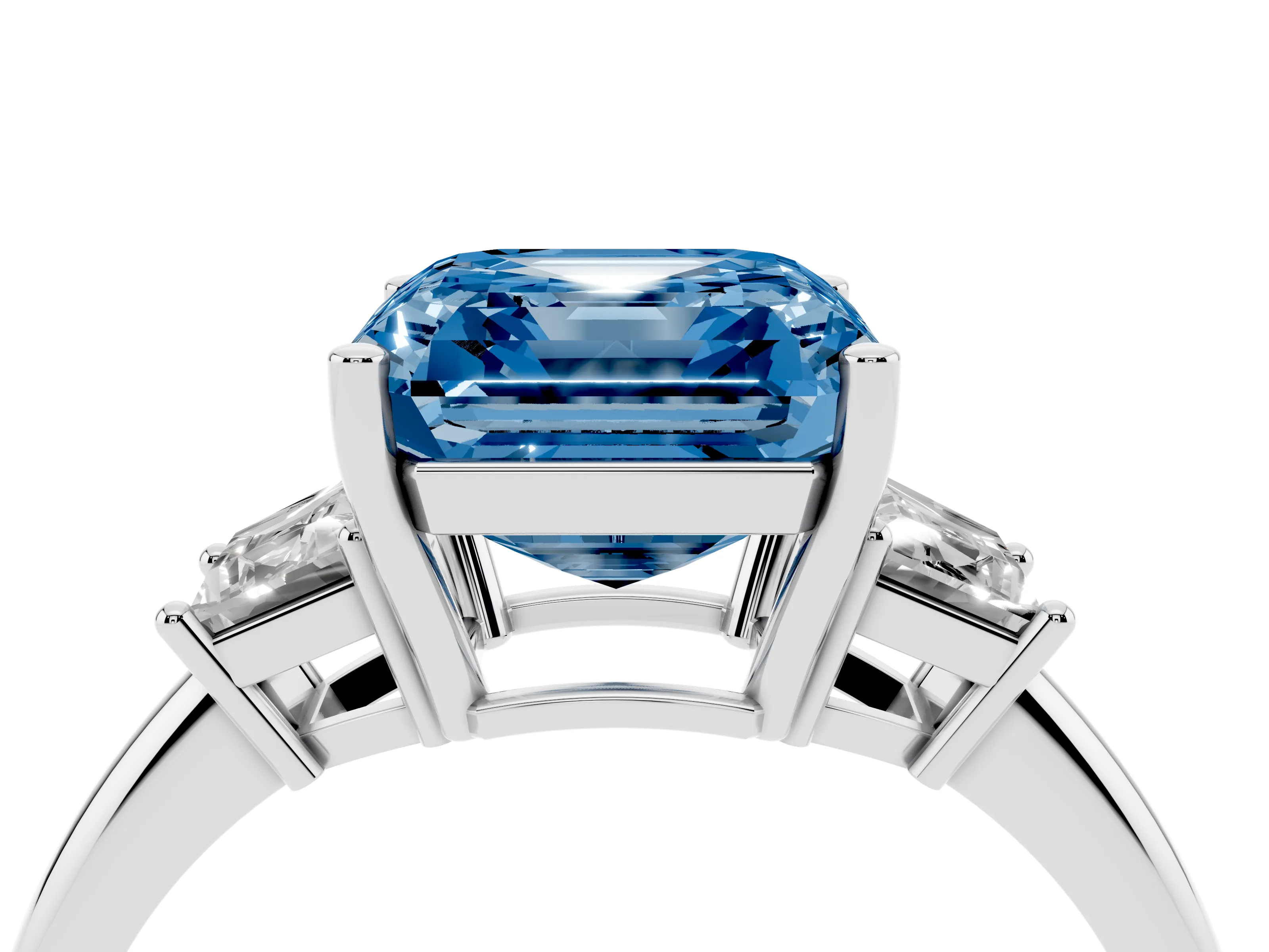 Fancy Blue Asscher Cut Diamond Three-Stone Ring Set in Platinum with Trapezoid Side Stones and Prong Setting