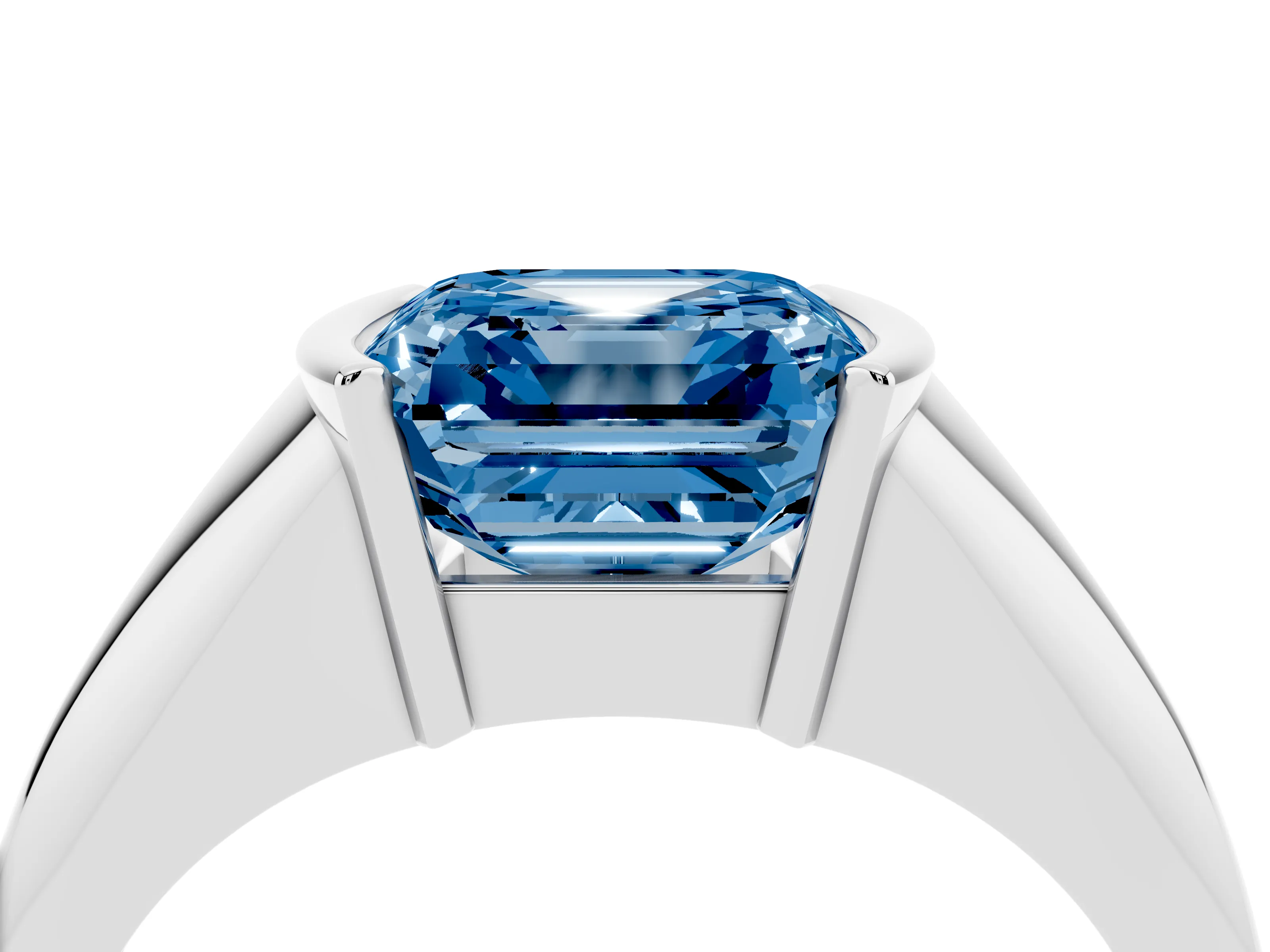 Fancy Blue Asscher Cut Diamond Solitaire Tension Set Ring Set in White gold