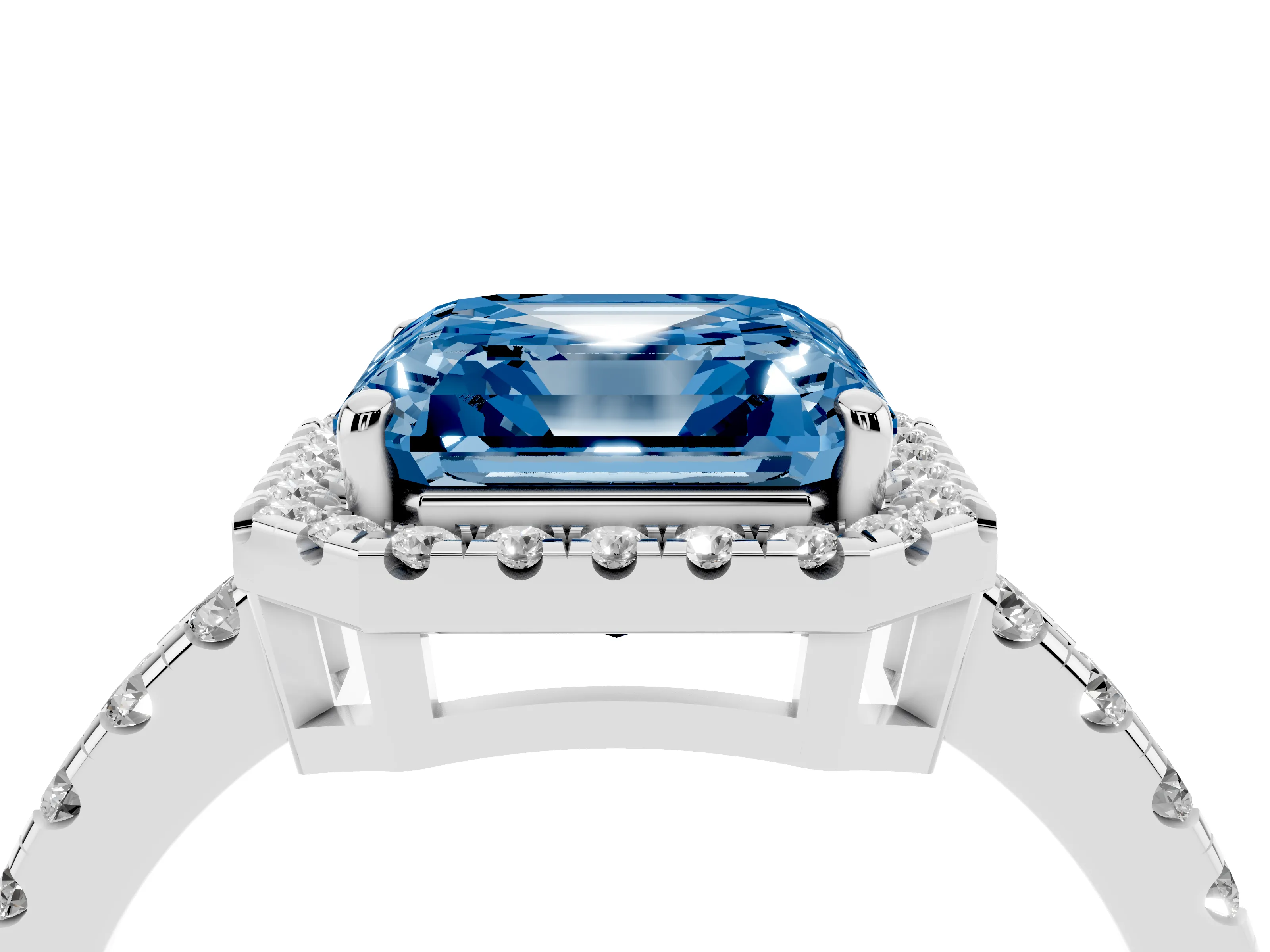 Fancy Blue Asscher Cut Diamond Halo Ring Set in Platinum with Delicate Pavé Band and Prong Setting