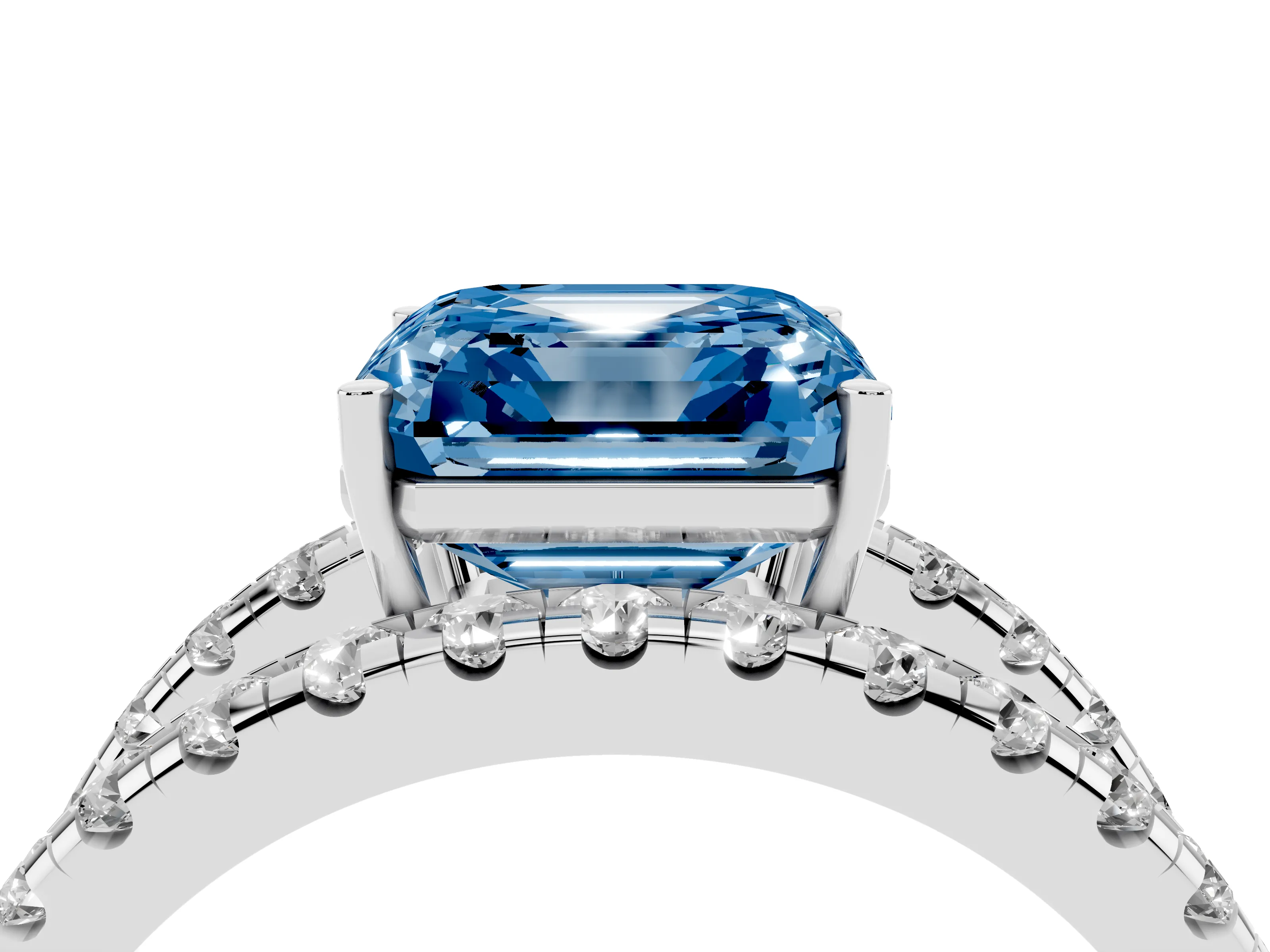 Fancy Blue Asscher Cut Diamond Split Shank Pavé Solitaire Ring Set in Silver with Open Shank Design