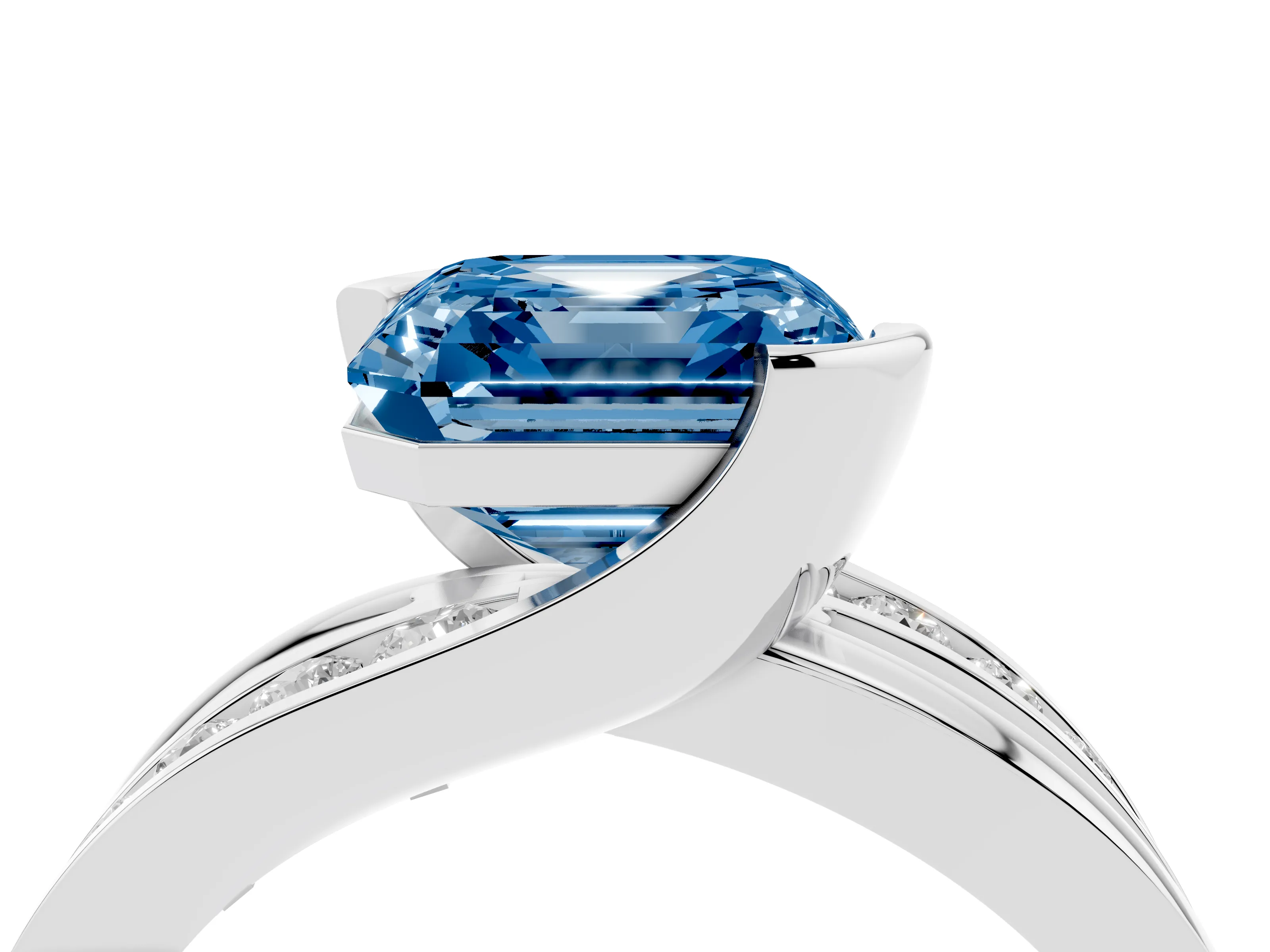 Fancy Blue Asscher Cut Diamond Solitaire Ring Set in White gold with Channel Set Split Shank and Tension Prongs
