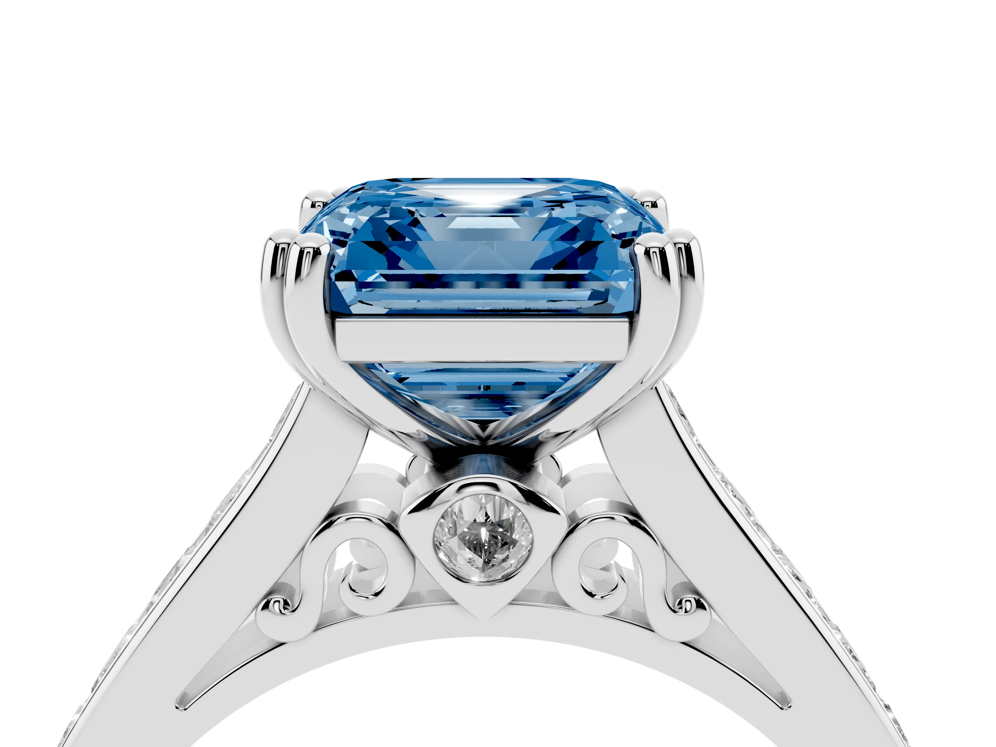 Fancy Blue Asscher Cut Diamond Channel Set Solitaire Engagement Ring Set in White gold with Prong Setting