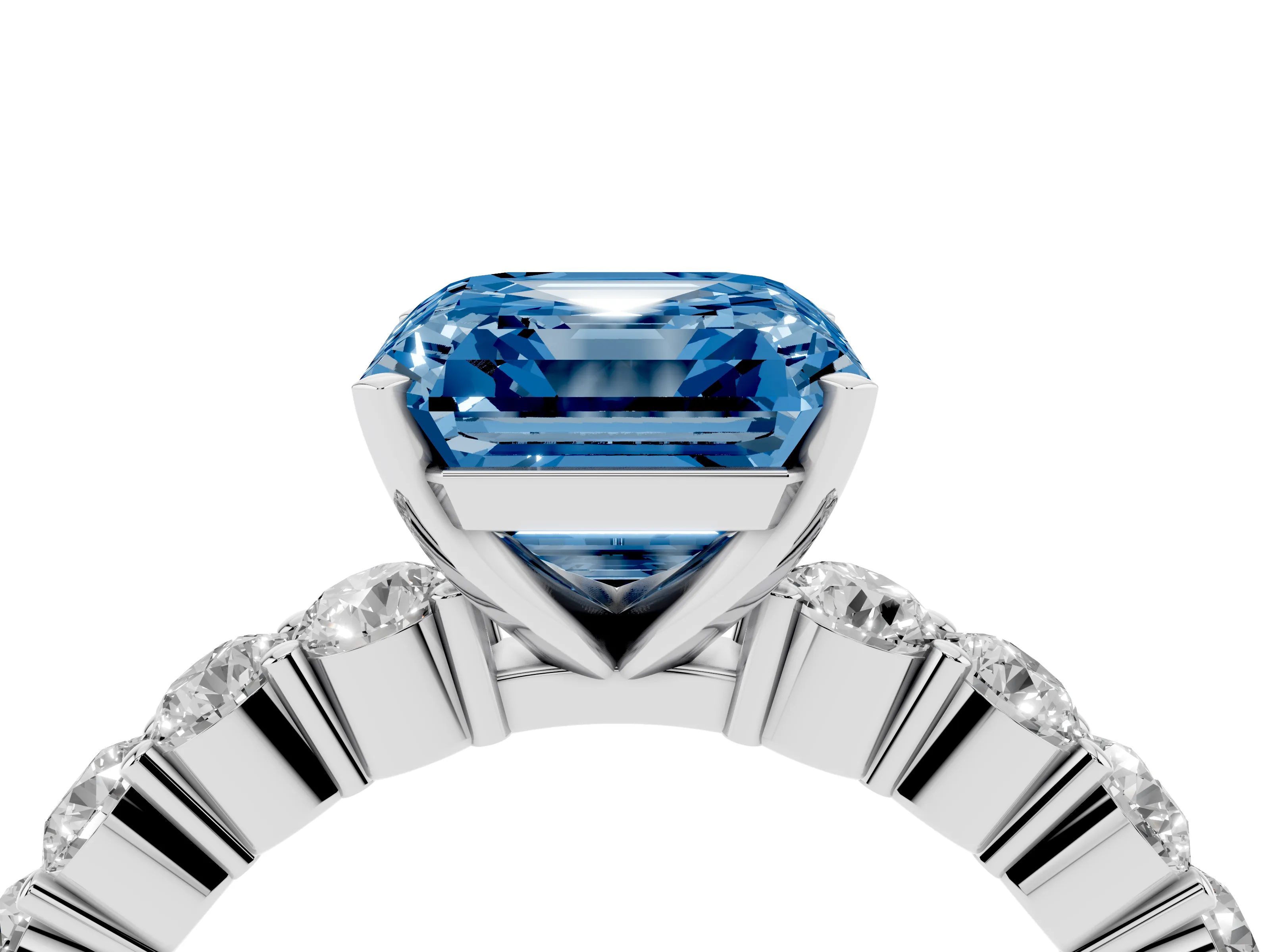 Fancy Blue Asscher Cut Diamond Solitaire Ring Set in Silver with Shared Prong Round Side Stones