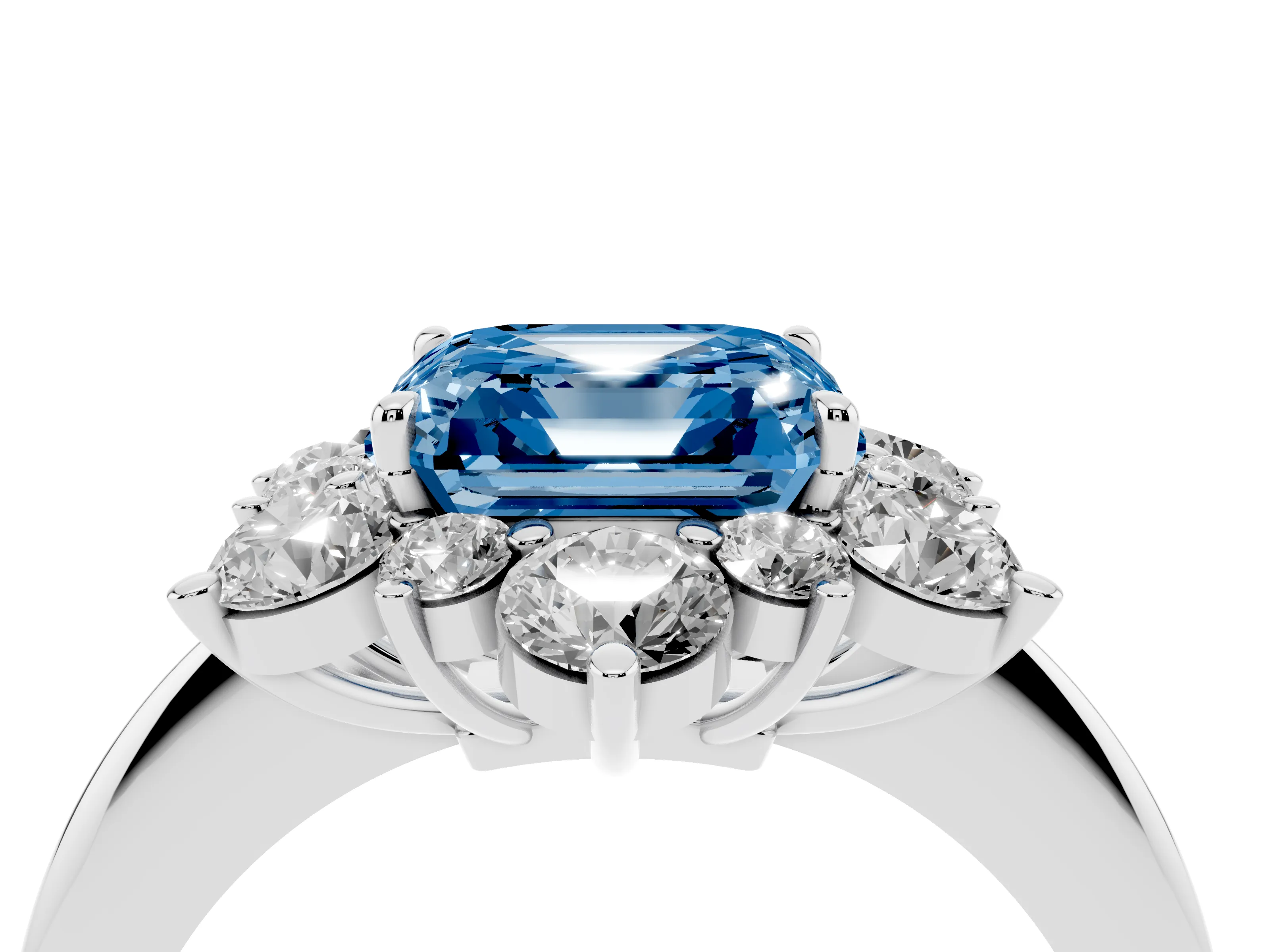 Fancy Blue Asscher Cut Diamond Cluster Halo Ring Set in White gold with Solitaire Band and Prong Setting