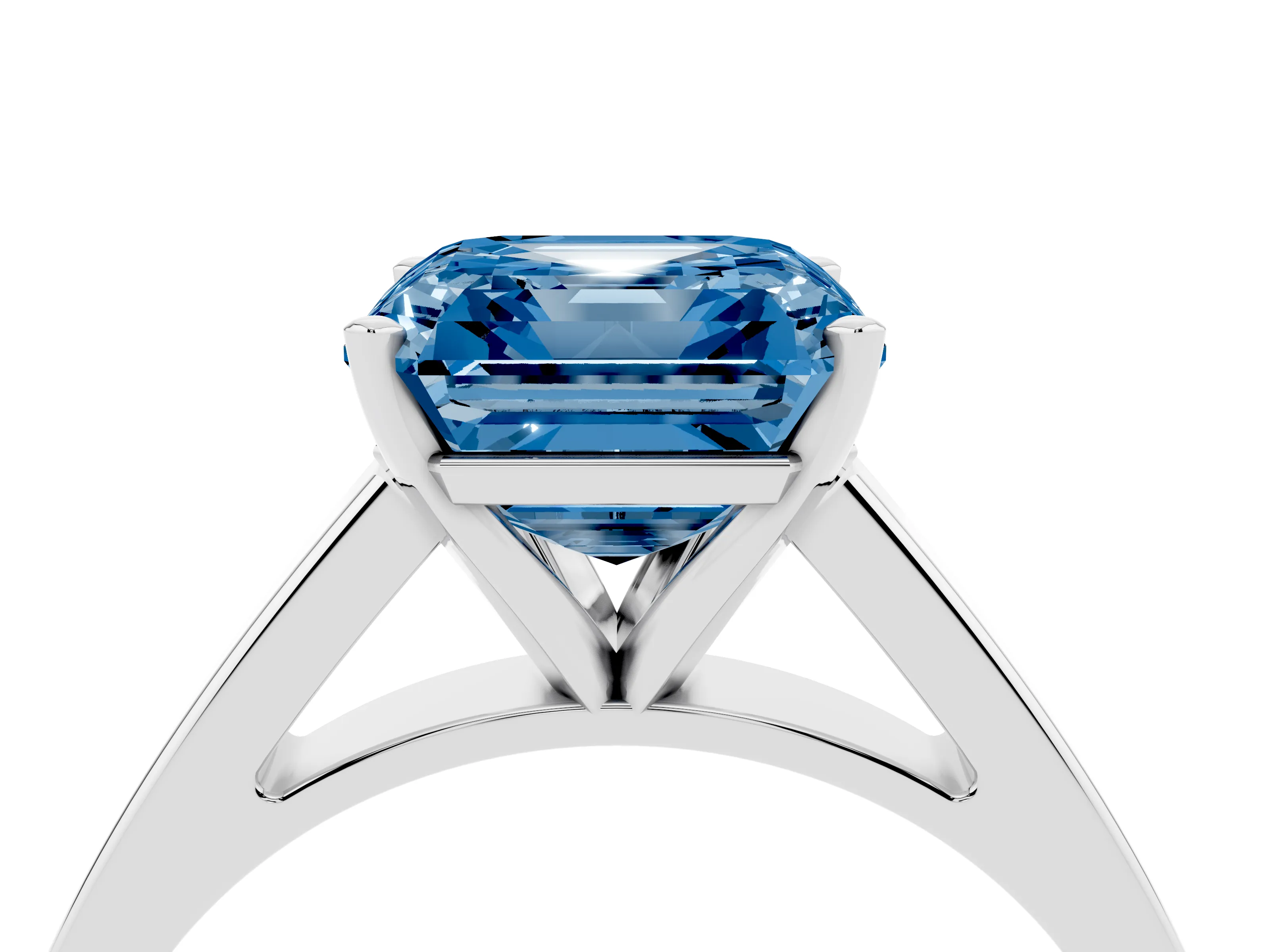 Fancy Blue Asscher Cut Diamond Solitaire Engagement Ring Set in White gold with Prong Setting and Tapered Band