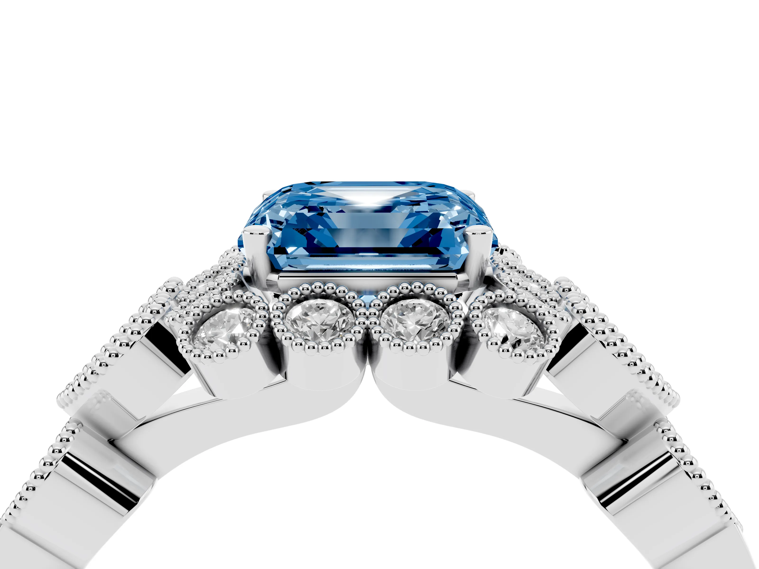 Fancy Blue Asscher Cut Diamond Solitaire Ring Set in Platinum with Milgrain Pavé Heart Band