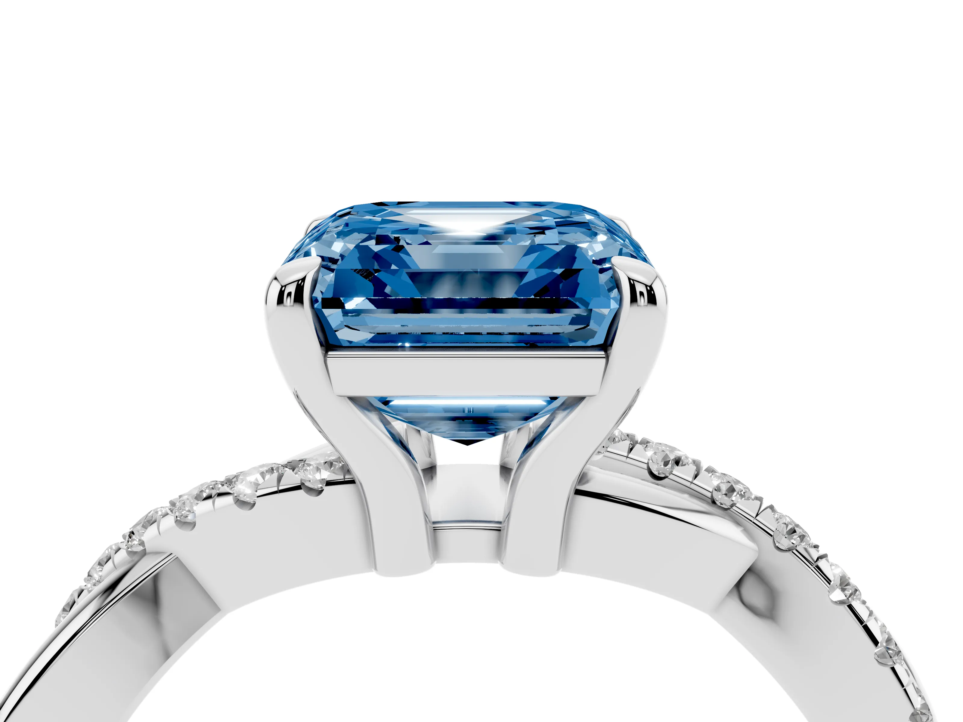 Fancy Blue Asscher Cut Diamond Twist Band Pavé Solitaire Ring Set in White gold with Prong Setting