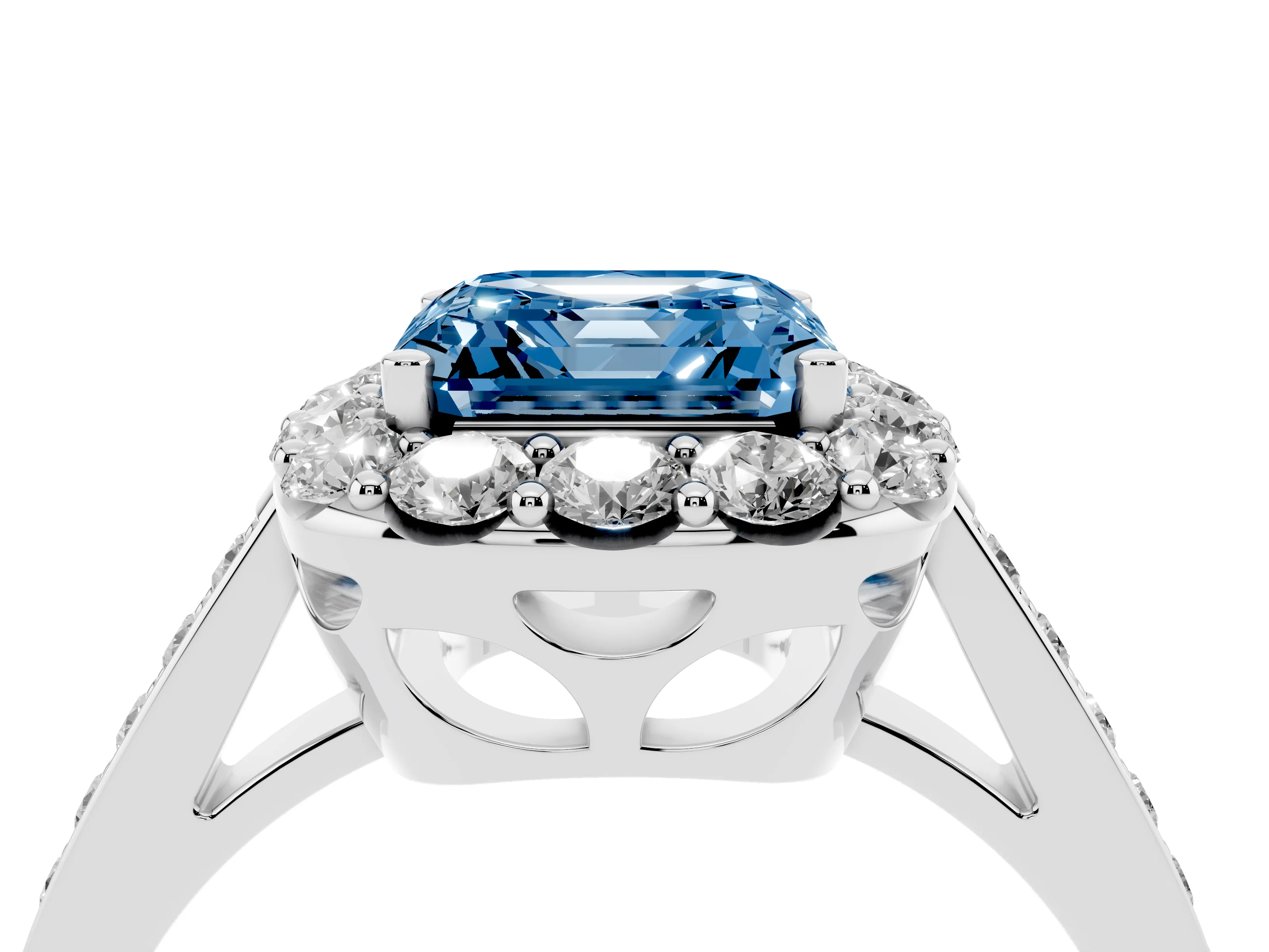 Fancy Blue Asscher Cut Diamond Floral Halo Ring Set in Silver with Pavé Band and Prong Setting