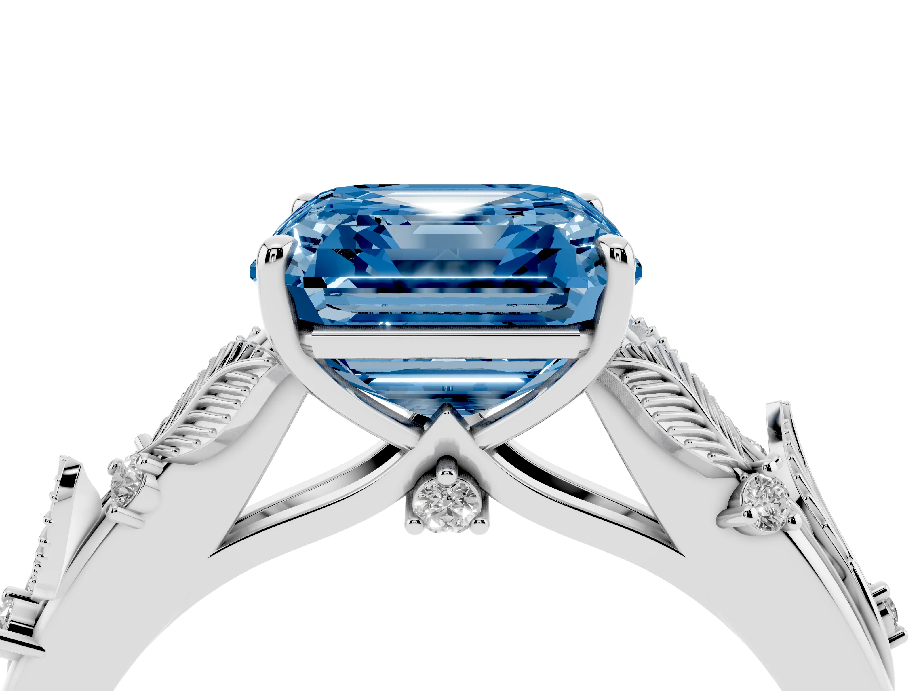Fancy Blue Asscher Cut Diamond Solitaire Ring Set in White gold with Leaf Motif Band