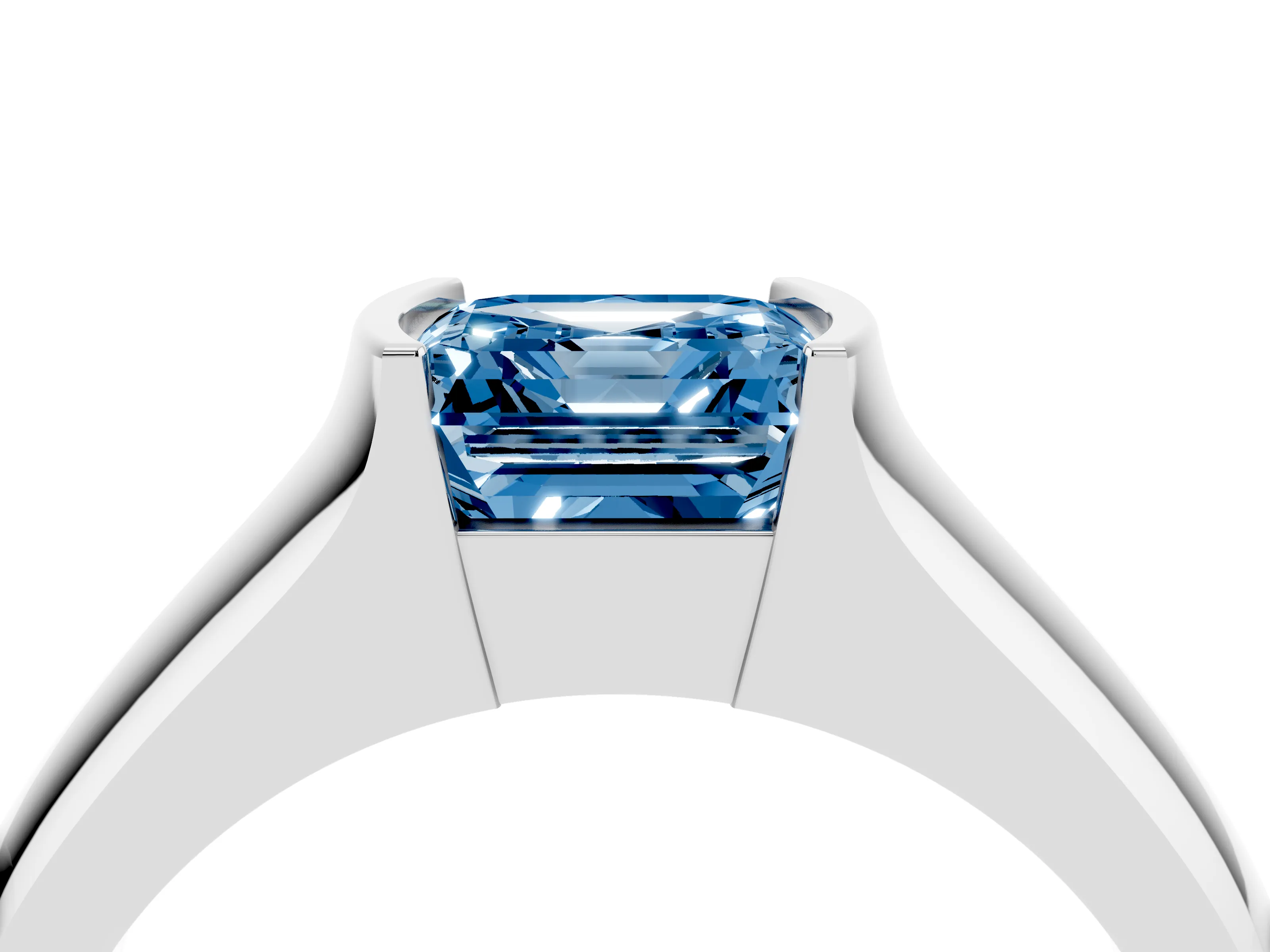 Fancy Blue Asscher Cut Diamond Bezel Solitaire Ring Set in White gold with Wide Band