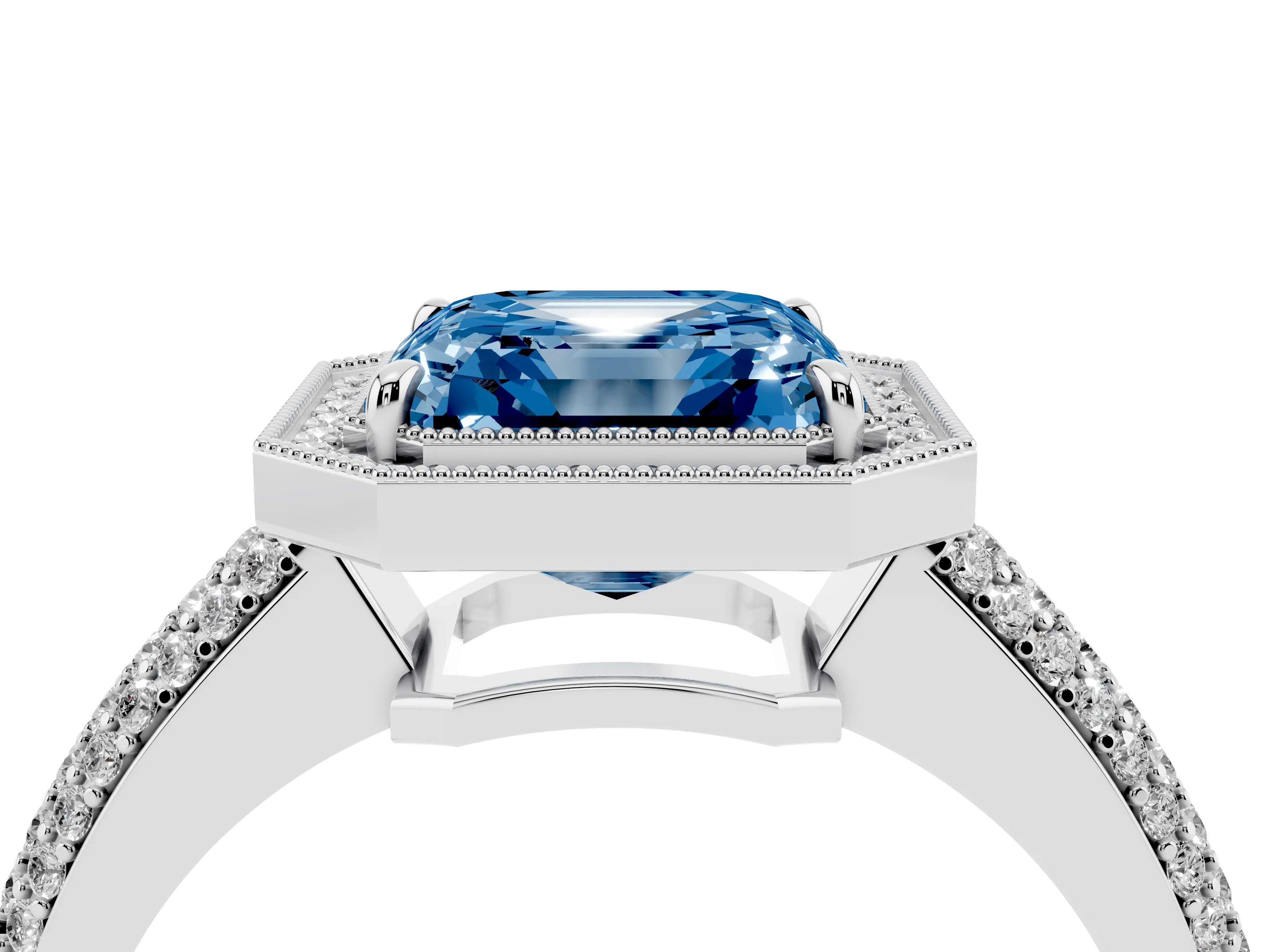 Fancy Blue Asscher Cut Diamond Halo Pavé Band Set in Silver with Prong Setting