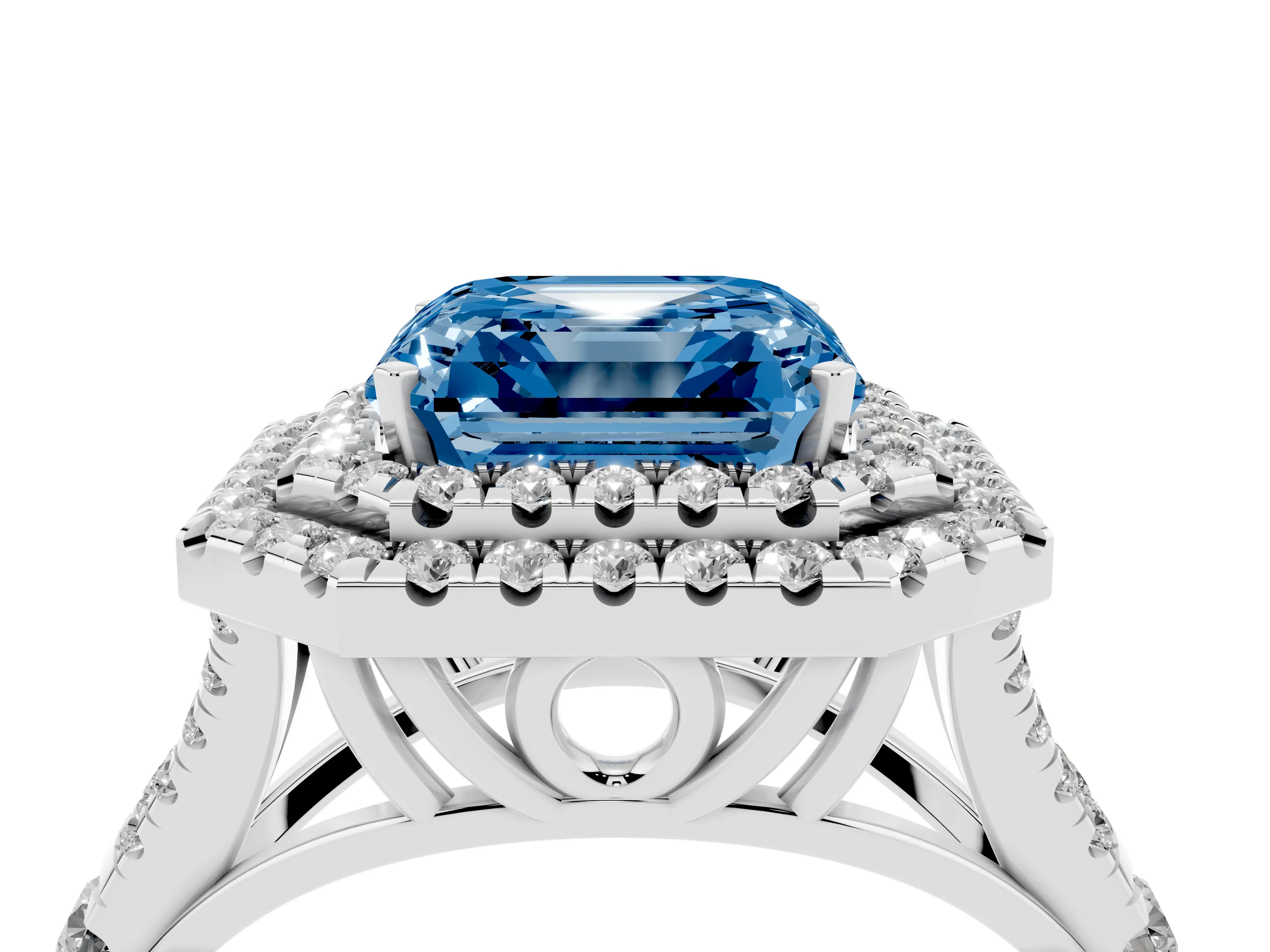 Fancy Blue Asscher Cut Diamond Pavé Split Shank Double Halo Engagement Ring Set in Platinum
