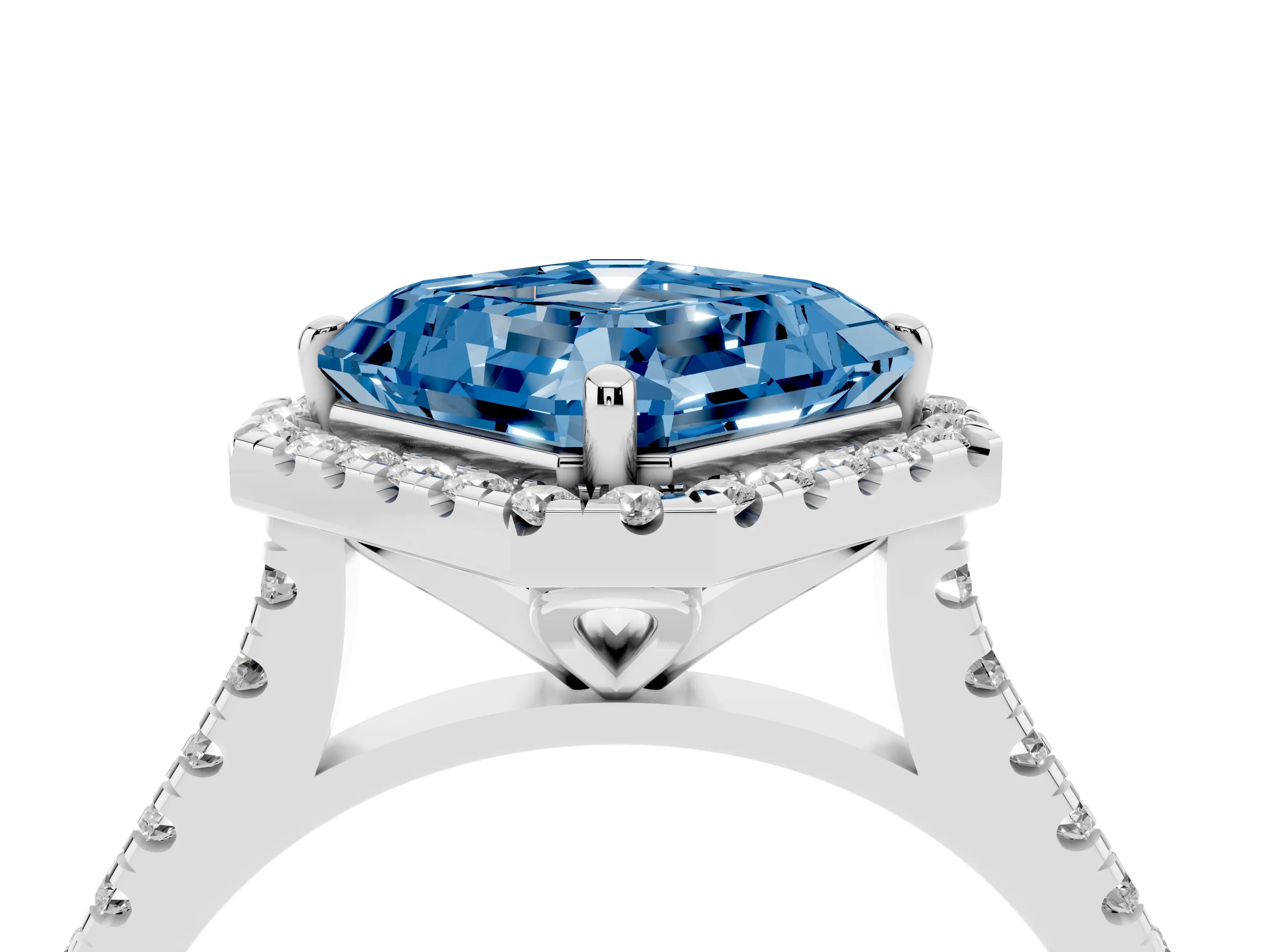 Fancy Blue Asscher Cut Diamond Cushion Halo Ring Set in Silver with Pavé Band