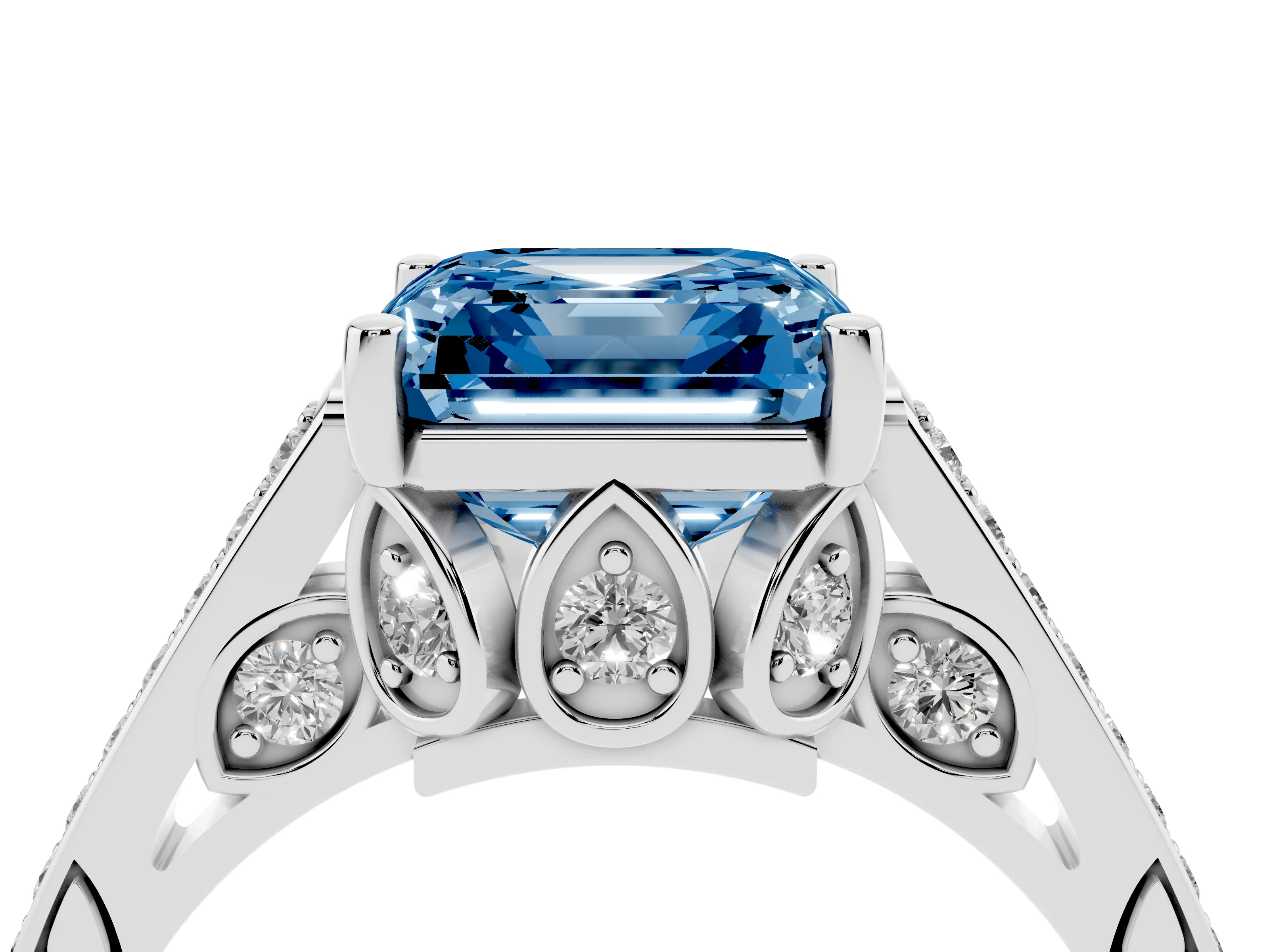 Fancy Blue Asscher Cut Diamond Cathedral Pavé Engagement Ring Set in Silver with Prong Setting