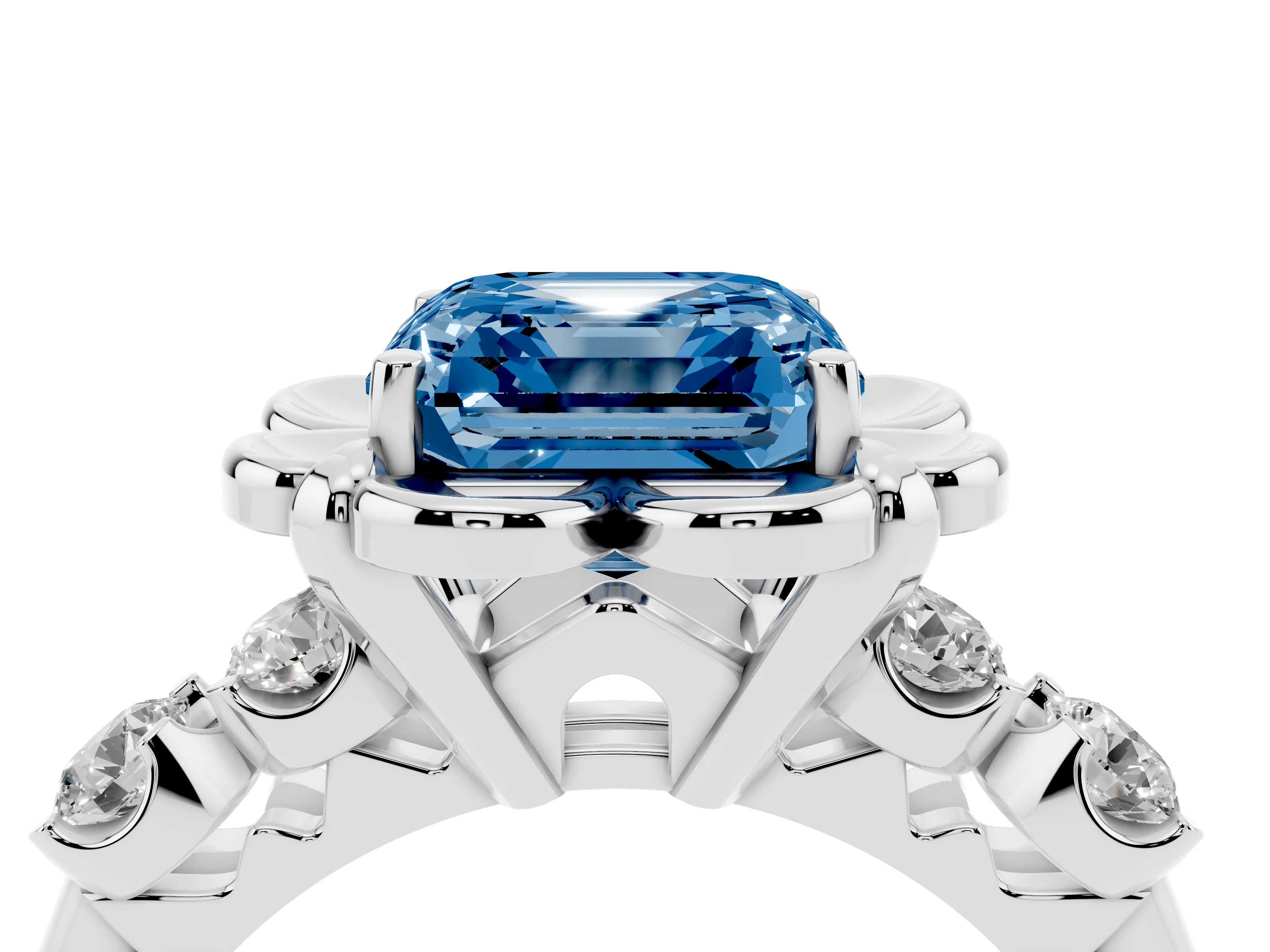 Fancy Blue Asscher Cut Diamond Floral Halo Ring Set in White gold with Shared Prong Band