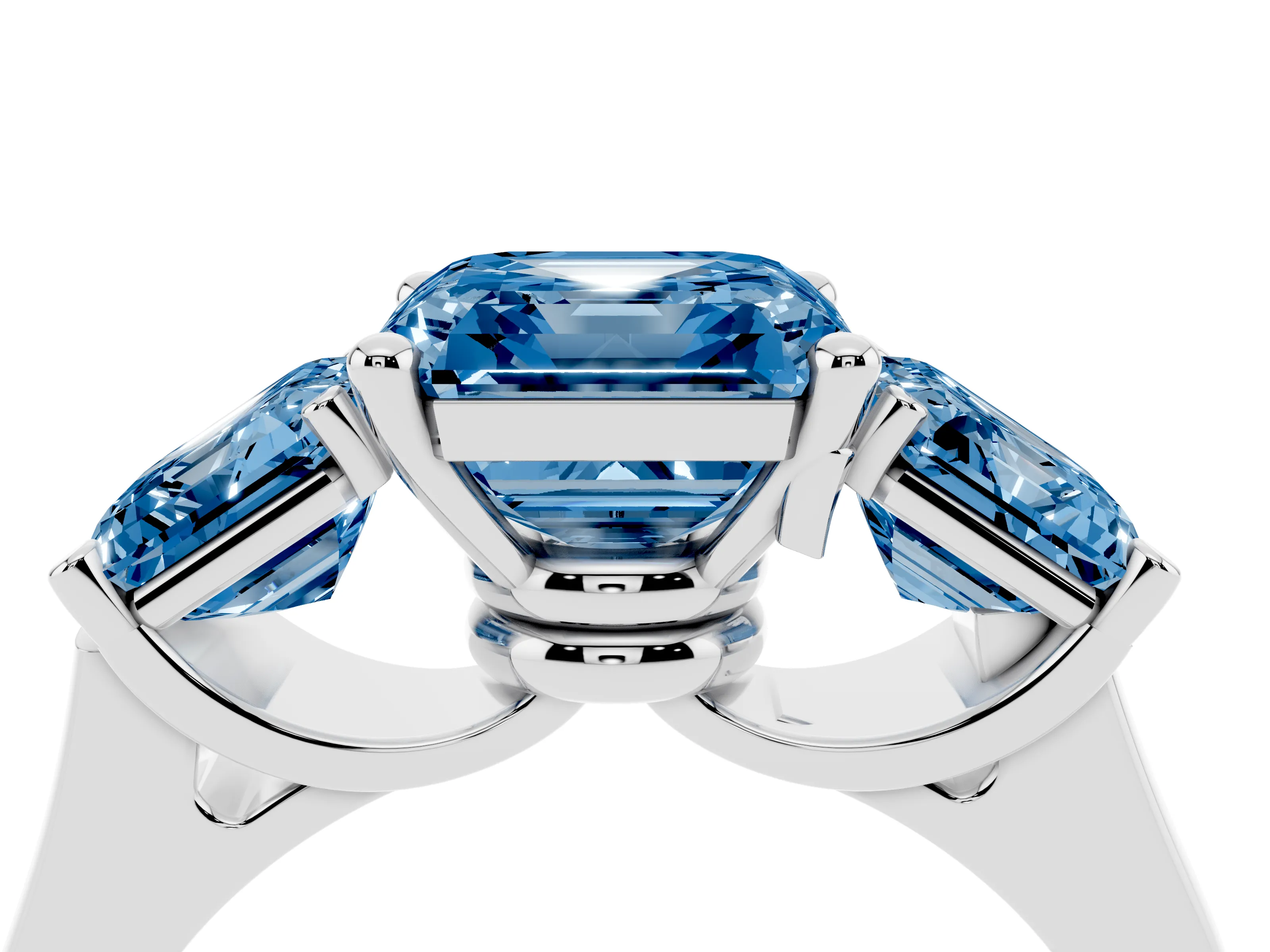 Fancy Blue Asscher Cut Diamond Three-Stone Trellis Ring Set in White gold with Comfort Fit Band