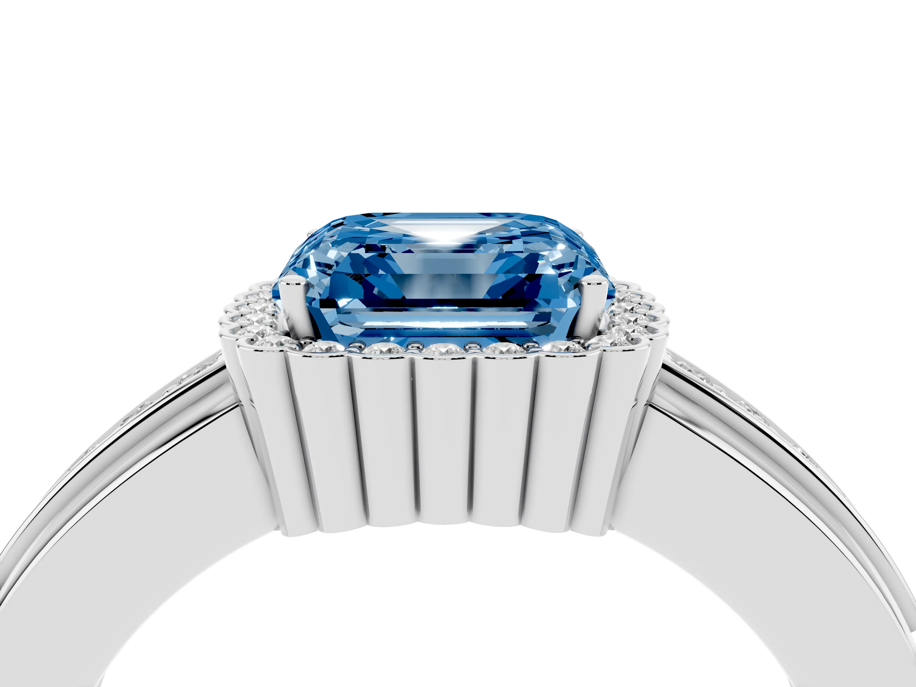 Fancy Blue Asscher Cut Diamond Halo Prong Ring Set in Platinum with Pavé Band