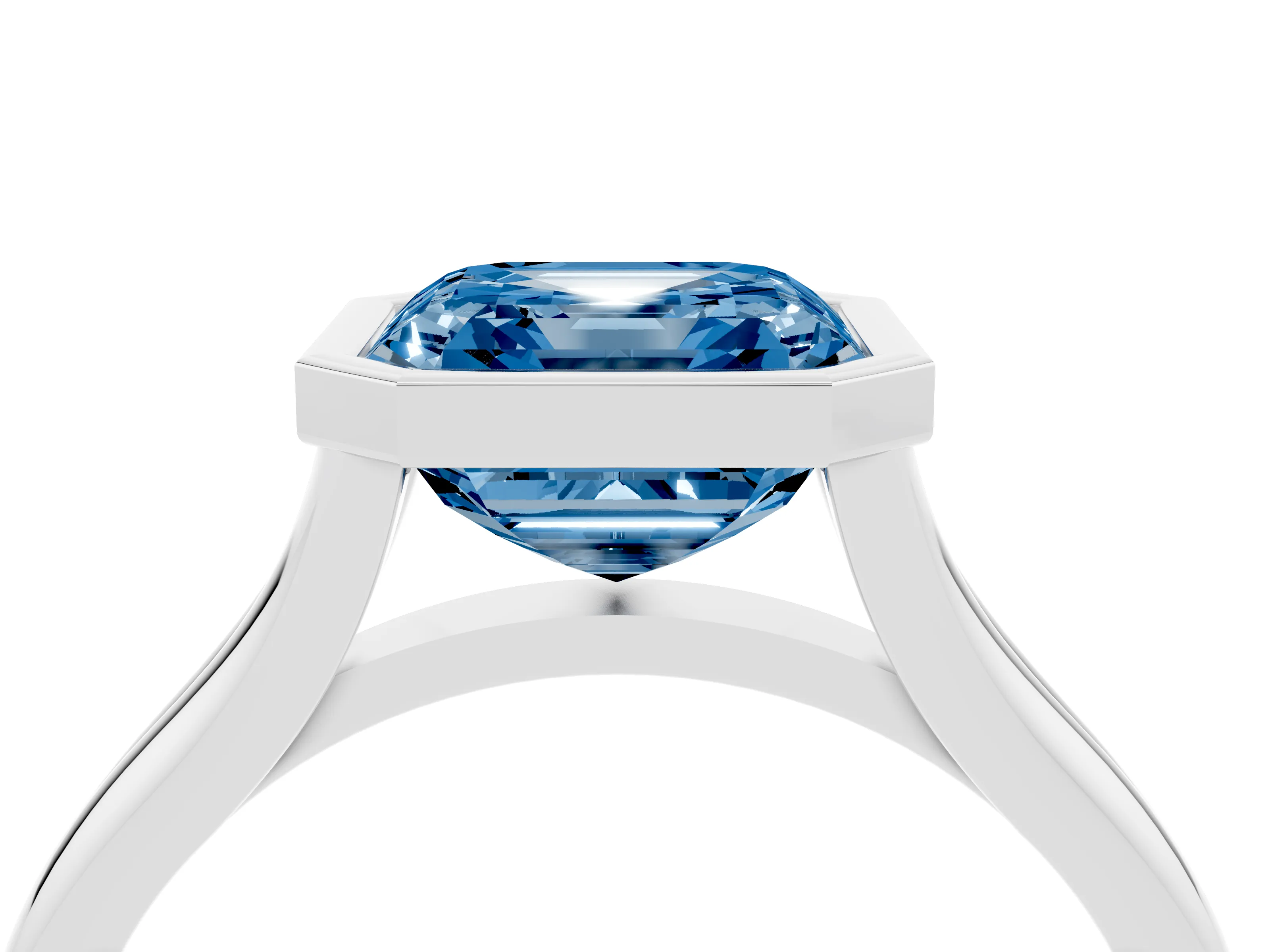 Fancy Blue Bezel Set Asscher Cut Diamond Solitaire Ring Set in Platinum with Tapered Band