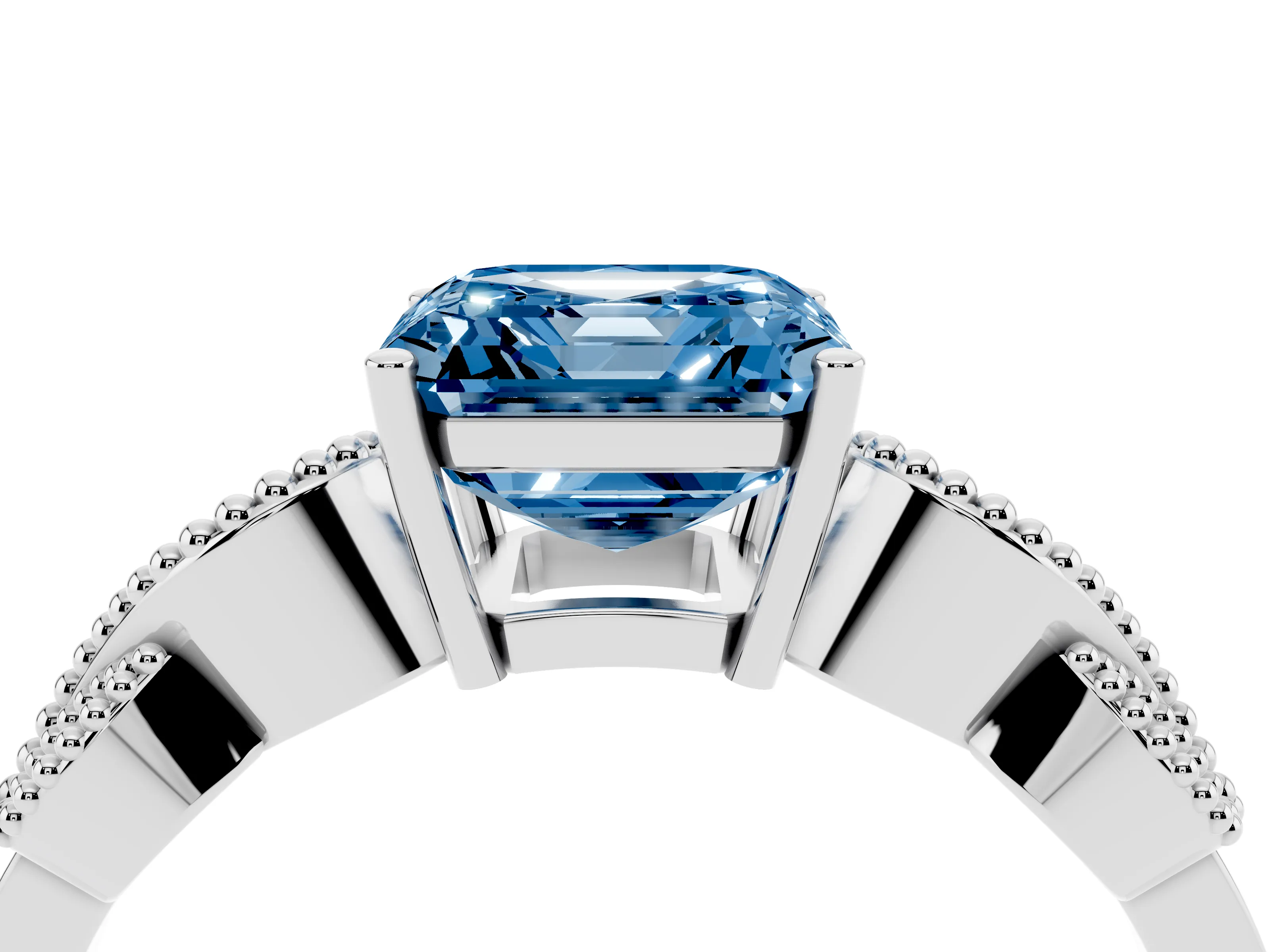 Fancy Blue Asscher Cut Diamond Milgrain Leaf Band Solitaire Ring Set in White gold with Accent Stones and Prong Setting