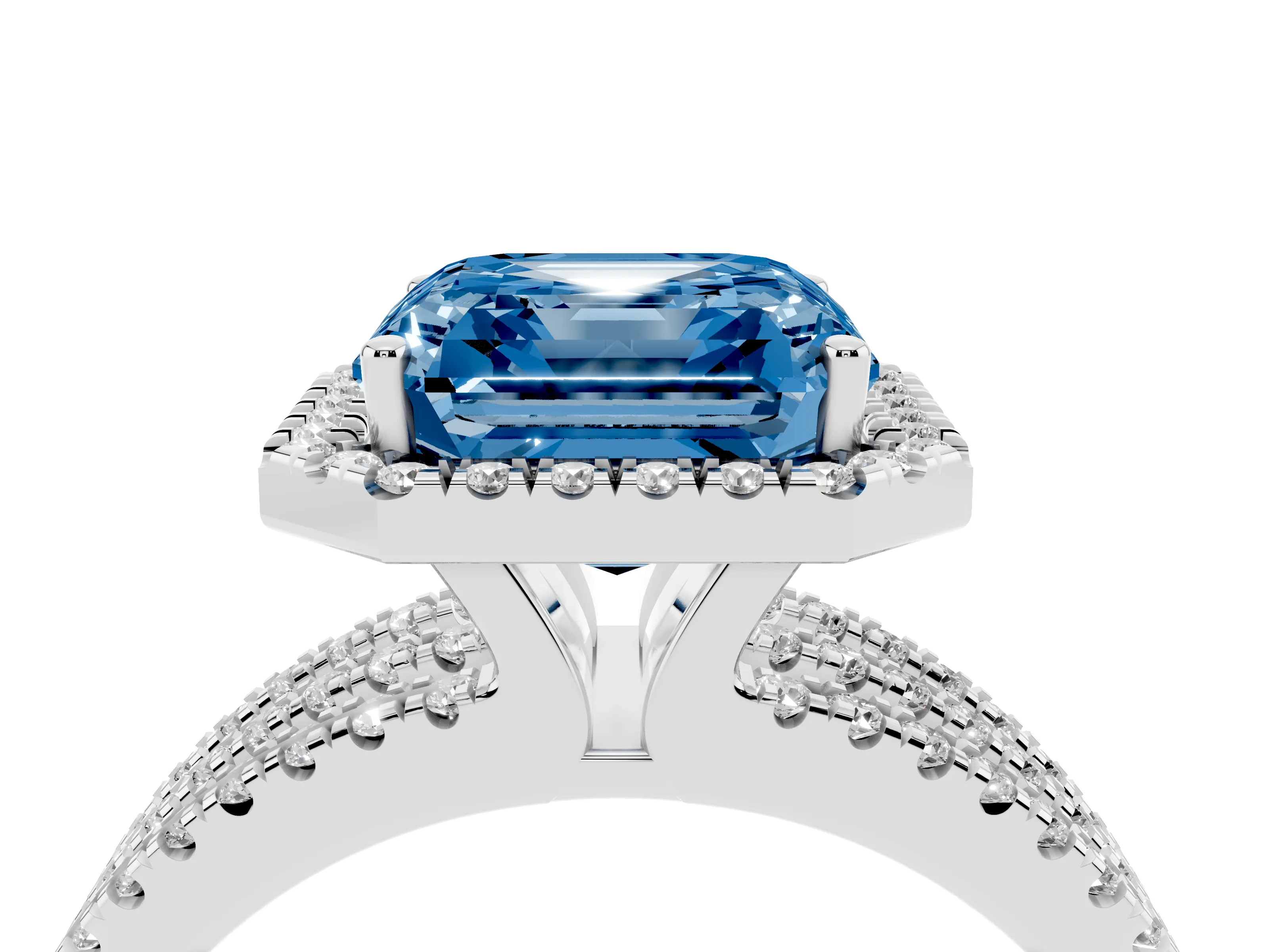 Fancy Blue Asscher Cut Diamond Halo Split Shank Engagement Ring Set in Silver with Prong Setting