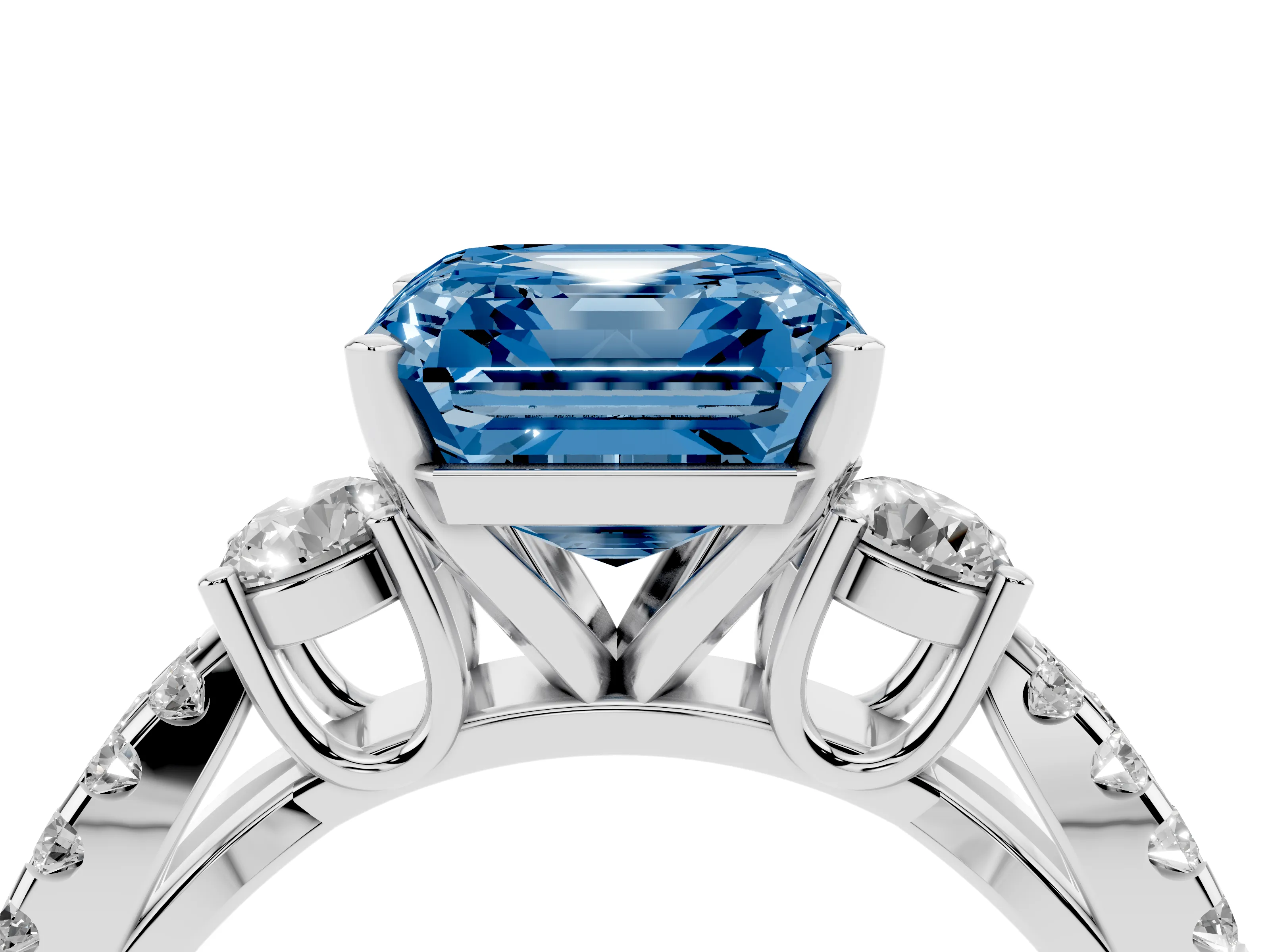 Fancy Blue Asscher Cut Diamond Three-Stone Ring Set in White gold with Pavé Split Shank and Prong Setting