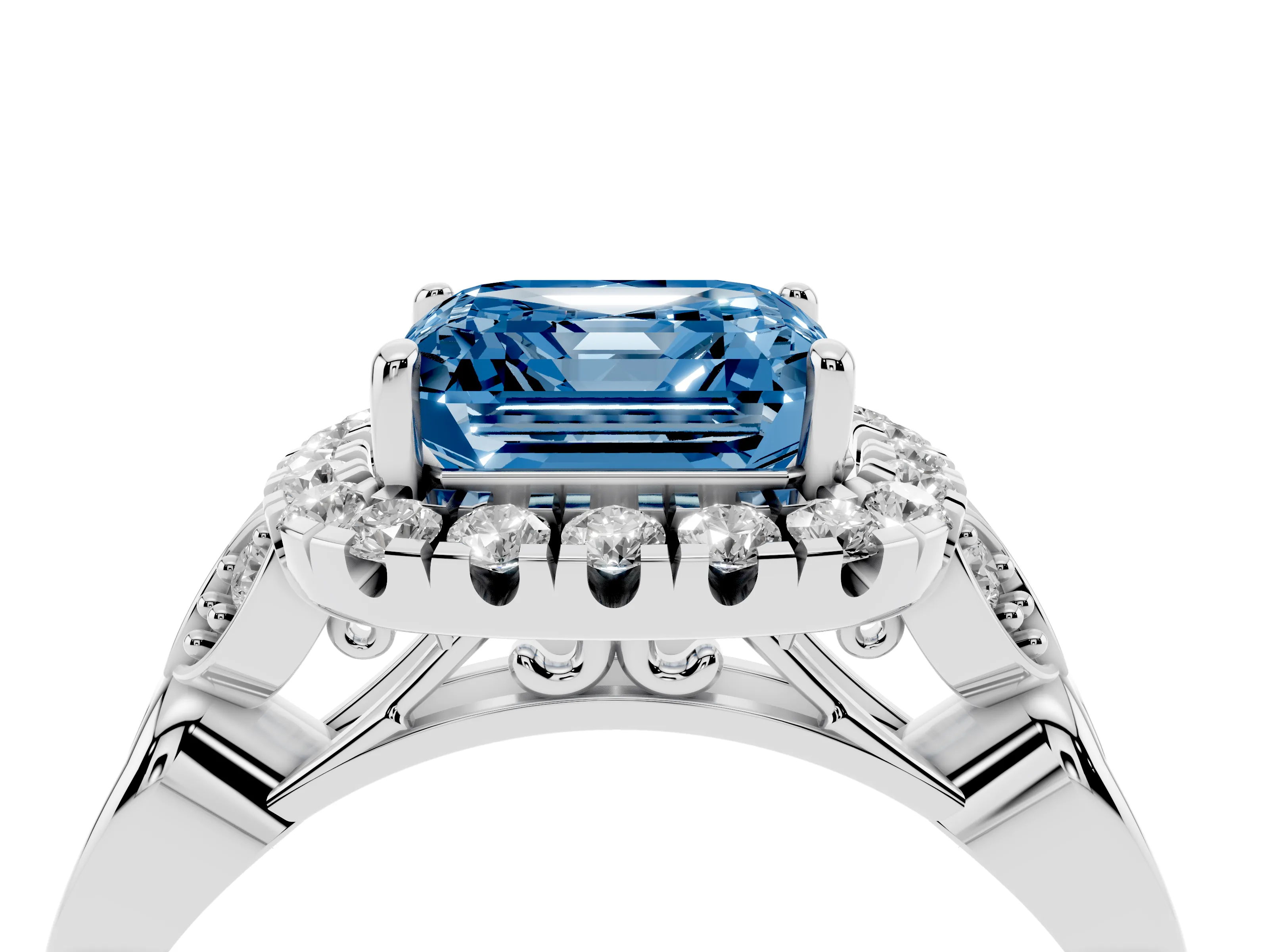 Fancy Blue Asscher Cut Diamond Halo Engagement Ring Set in Silver with Vintage-Inspired Band and Prong Setting