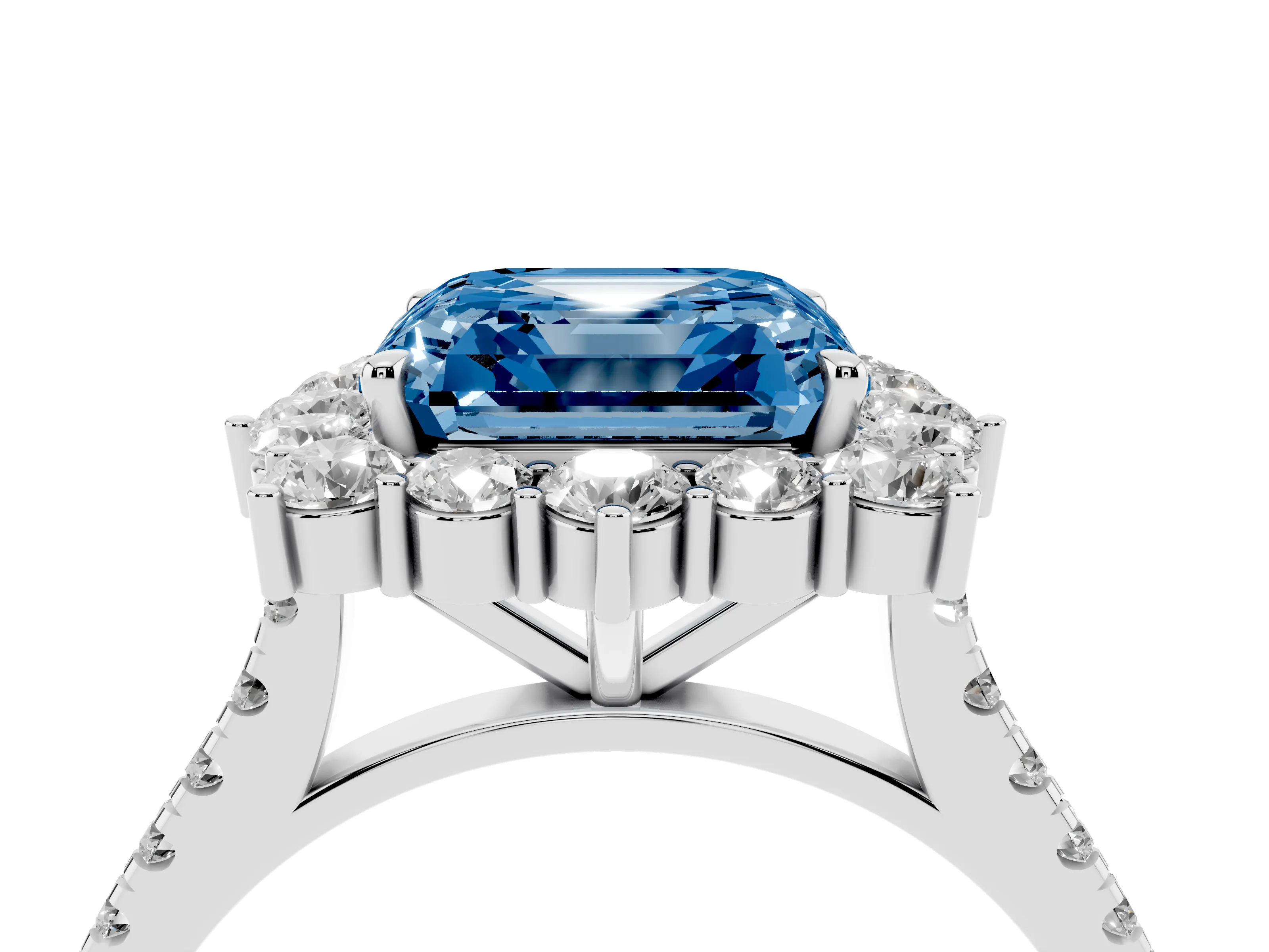 Fancy Blue Asscher Cut Diamond Halo Ring Set in Silver with Pavé Band and Prong Setting