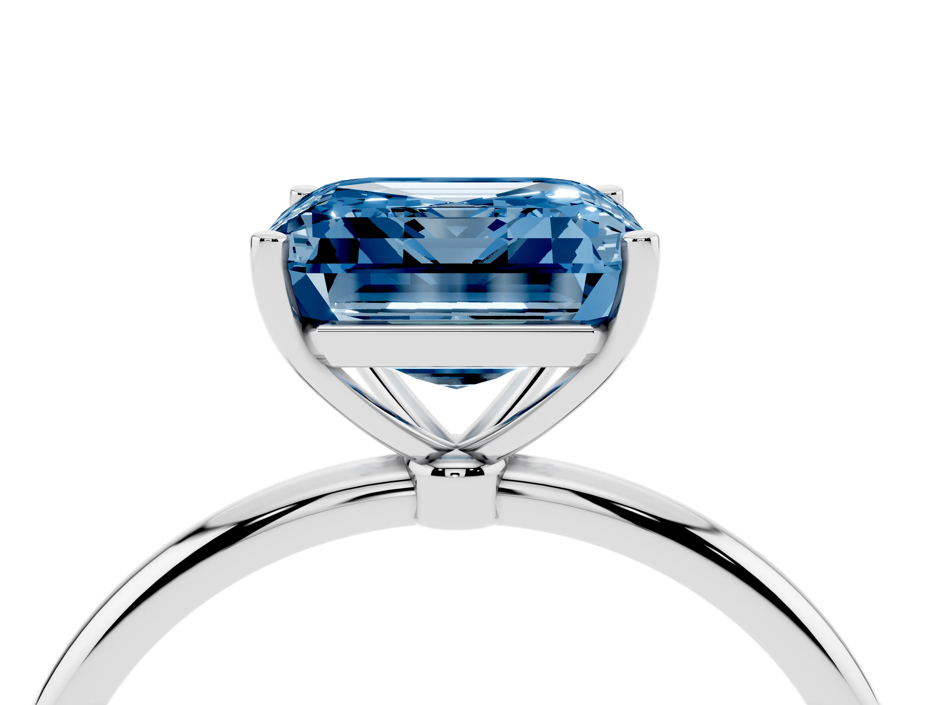 Fancy Blue Asscher Cut Diamond Solitaire Engagement Ring Set in Platinum with Thin Band and Prong Setting