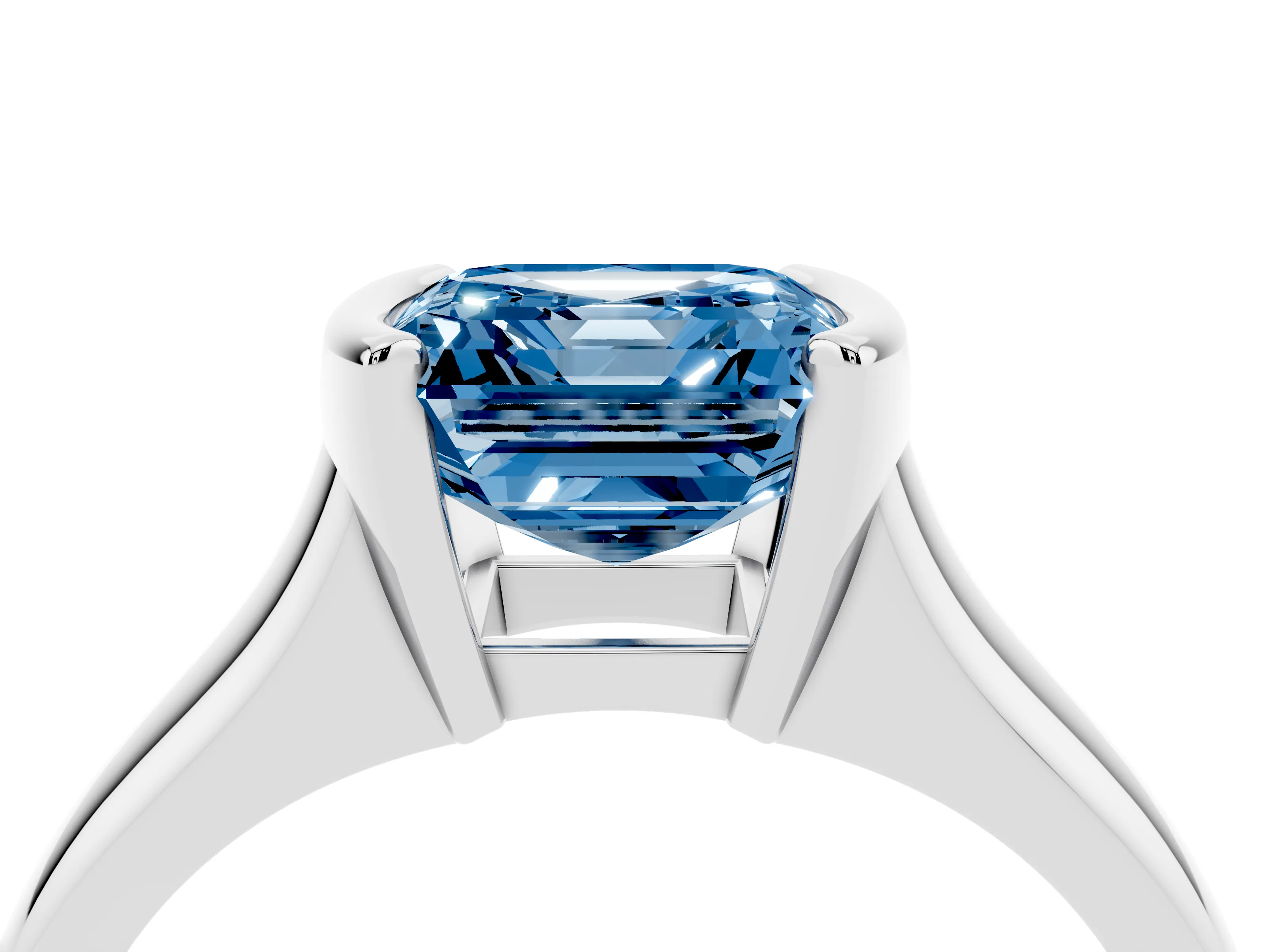 Fancy Blue Asscher Cut Diamond Solitaire Tension Set Ring Set in White gold with Split Shank Band