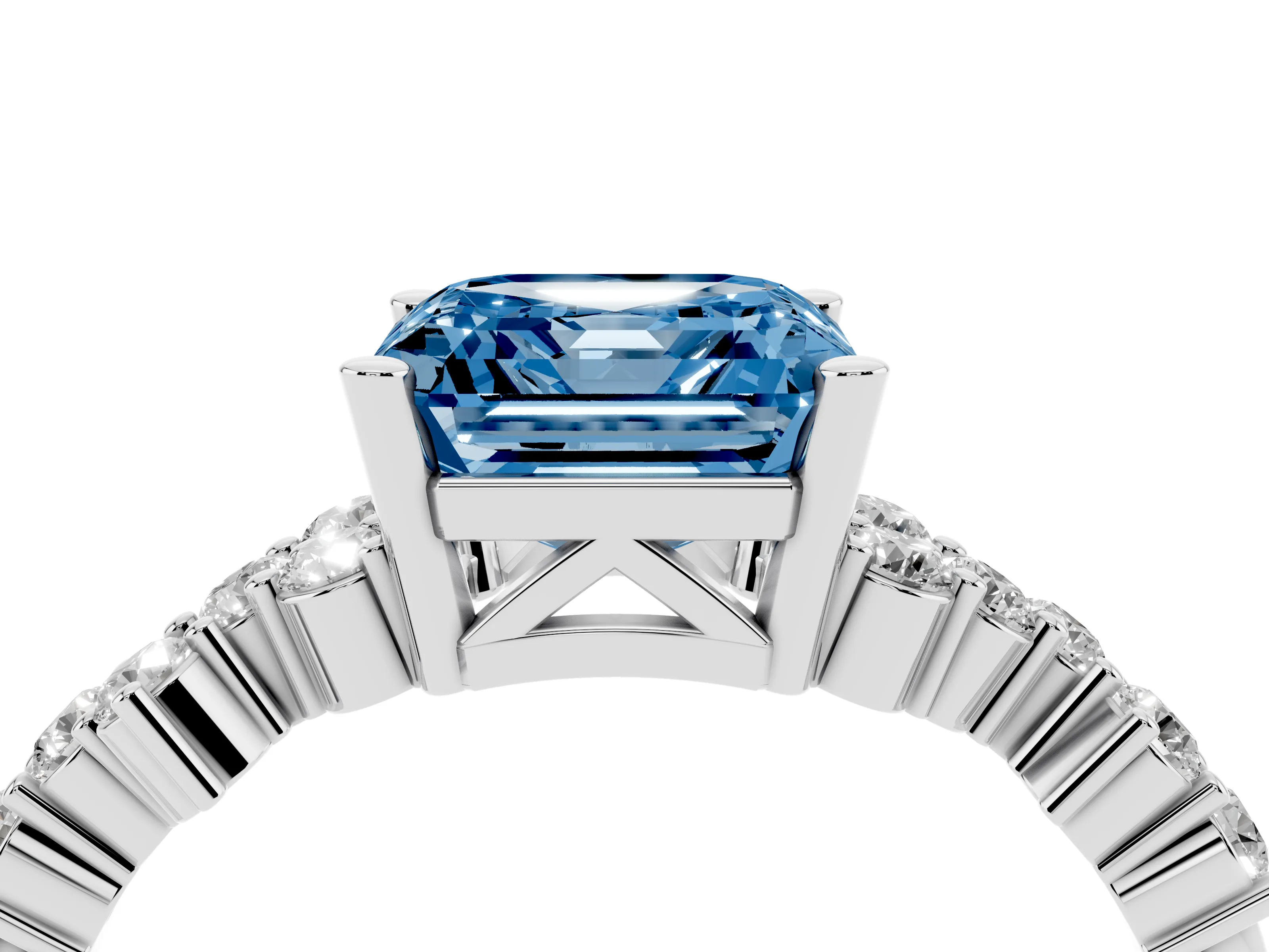 Fancy Blue Asscher Cut Diamond Ring Set in Silver with Scattered Round Accents