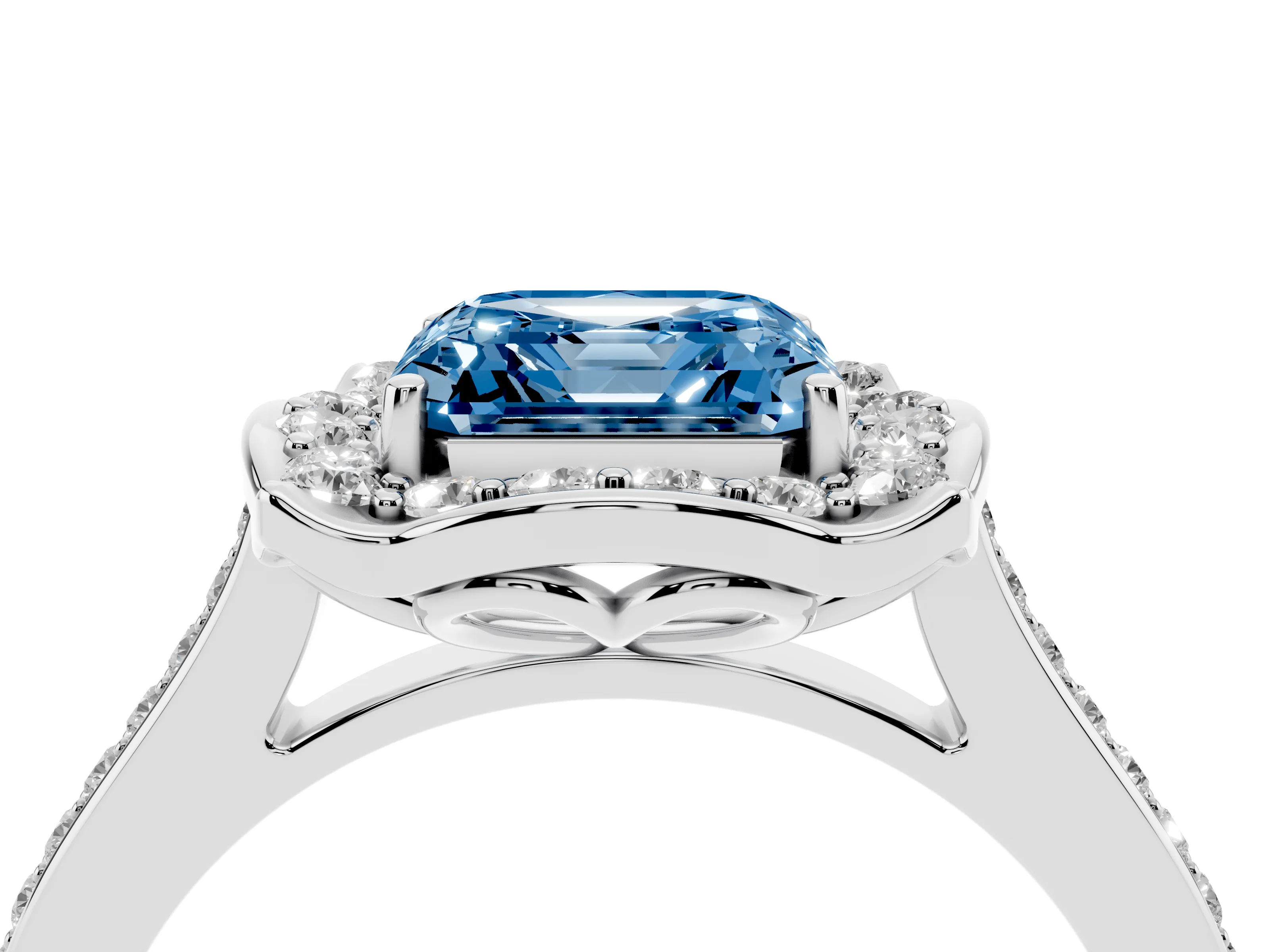 Fancy Blue Asscher Cut Diamond Halo Ring Set in Platinum with Pavé-Lined Shoulders and Prong Setting