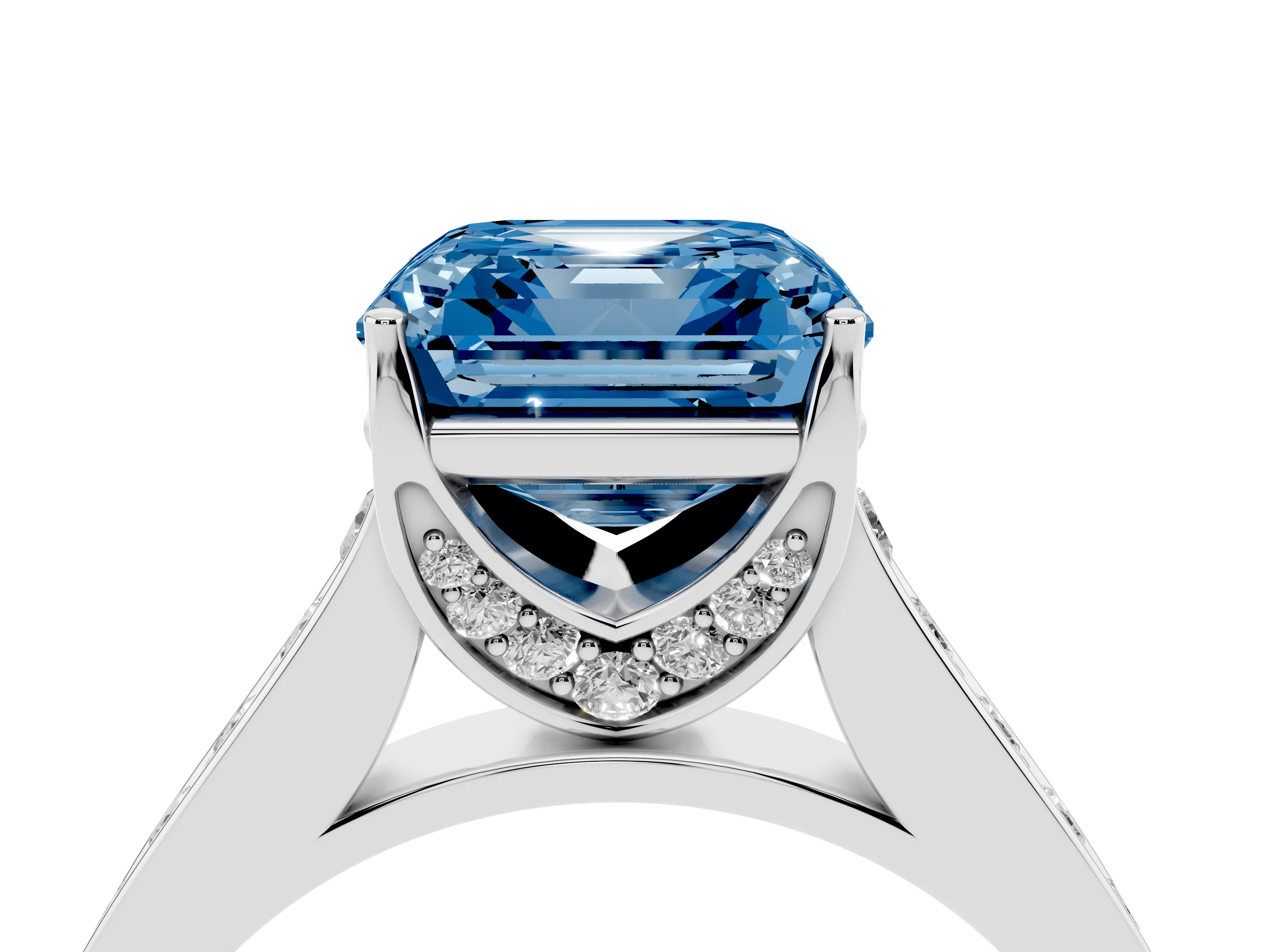 Fancy Blue Asscher Cut Diamond Solitaire Pavé Engagement Ring Set in White gold with Prong Setting