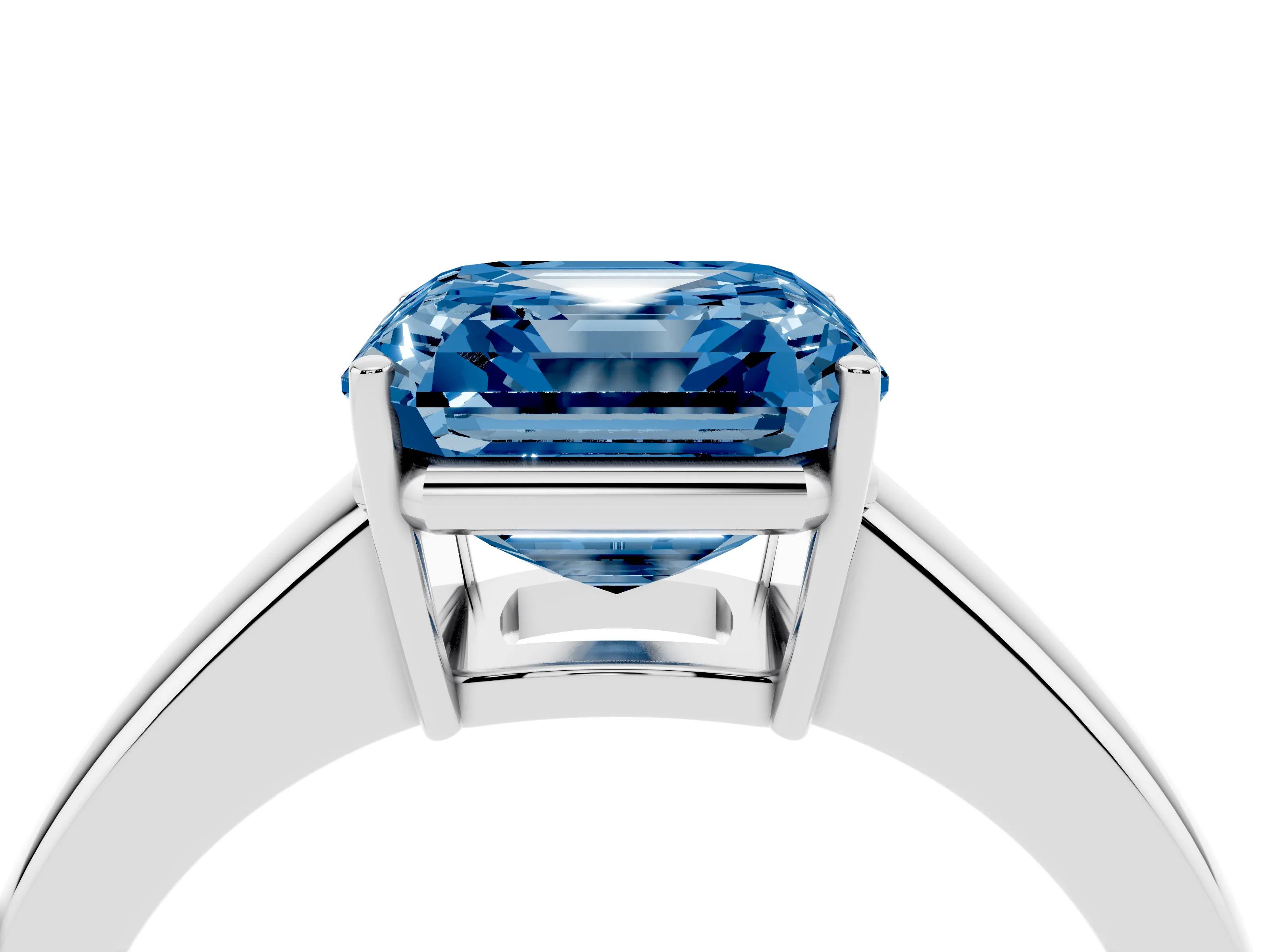 Fancy Blue Asscher Cut Diamond Solitaire Ring Set in White gold with Tapered Band and Prong Setting