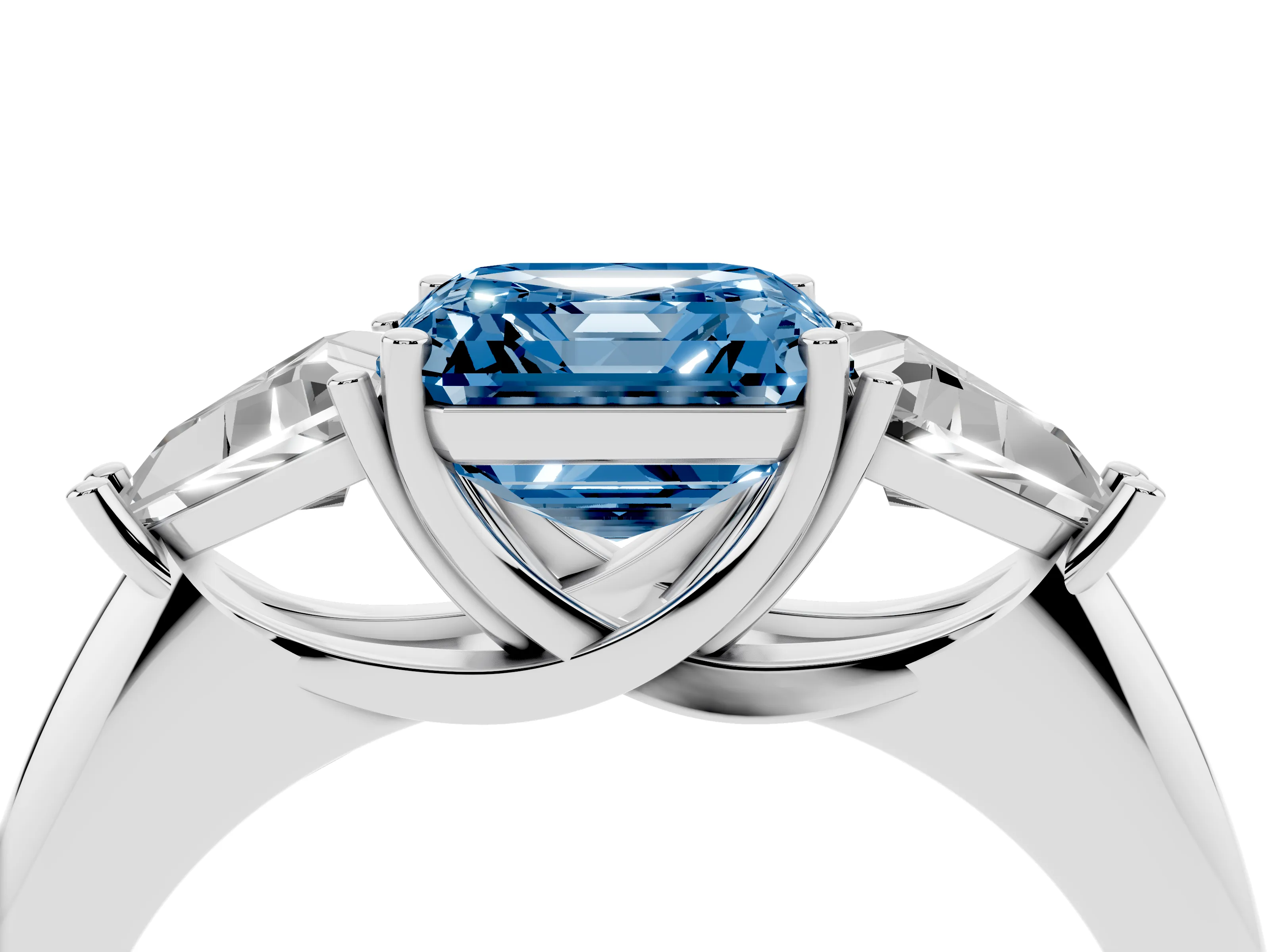 Fancy Blue Asscher Cut Diamond Three-Stone Engagement Ring Set in Silver with Trillion Side Stones